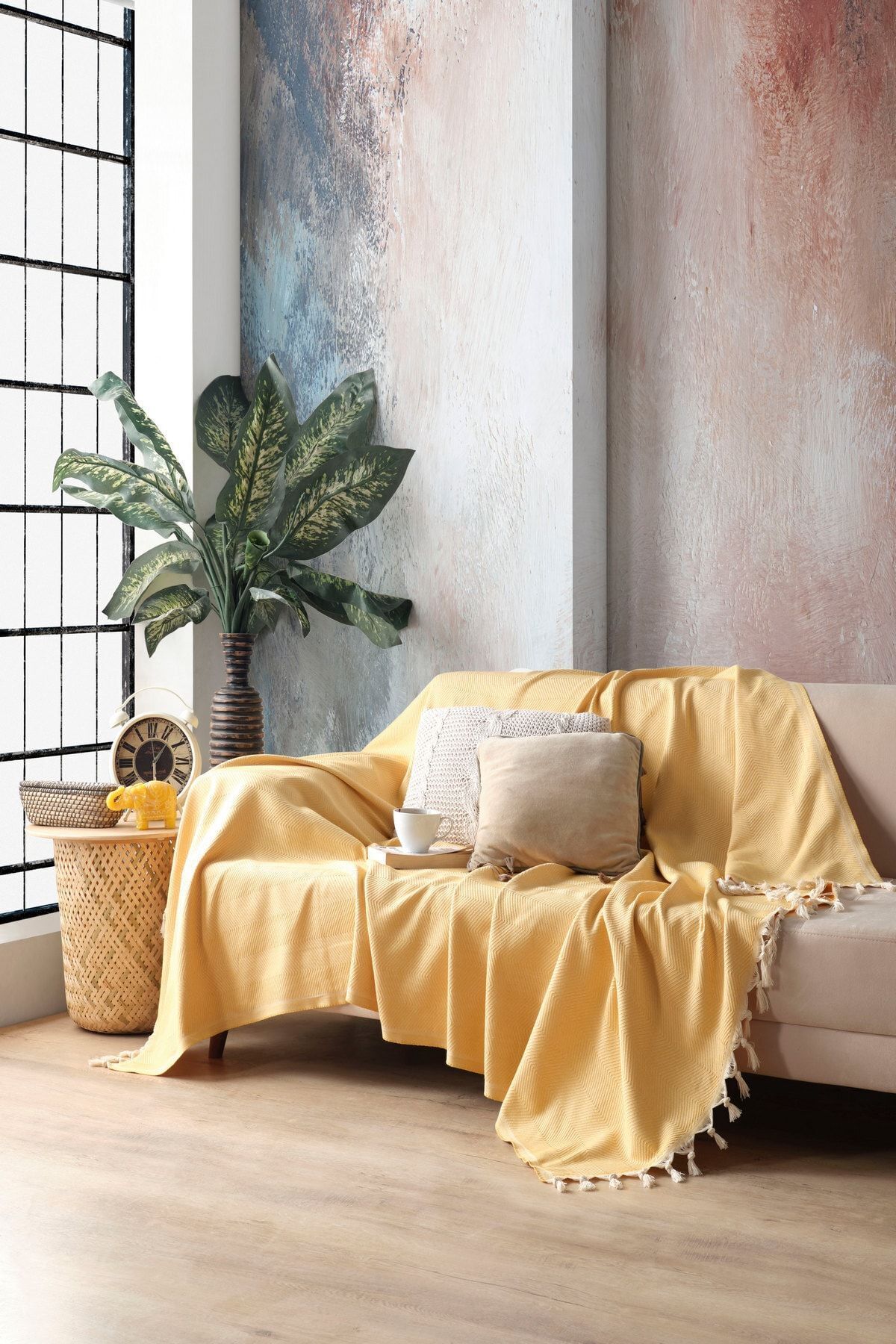 Miracolo Home Sarı Pamuklu Dekoratif Koltuk Örtüsü 170x230 Boyutlu Optimal Kaymaz Tasarım