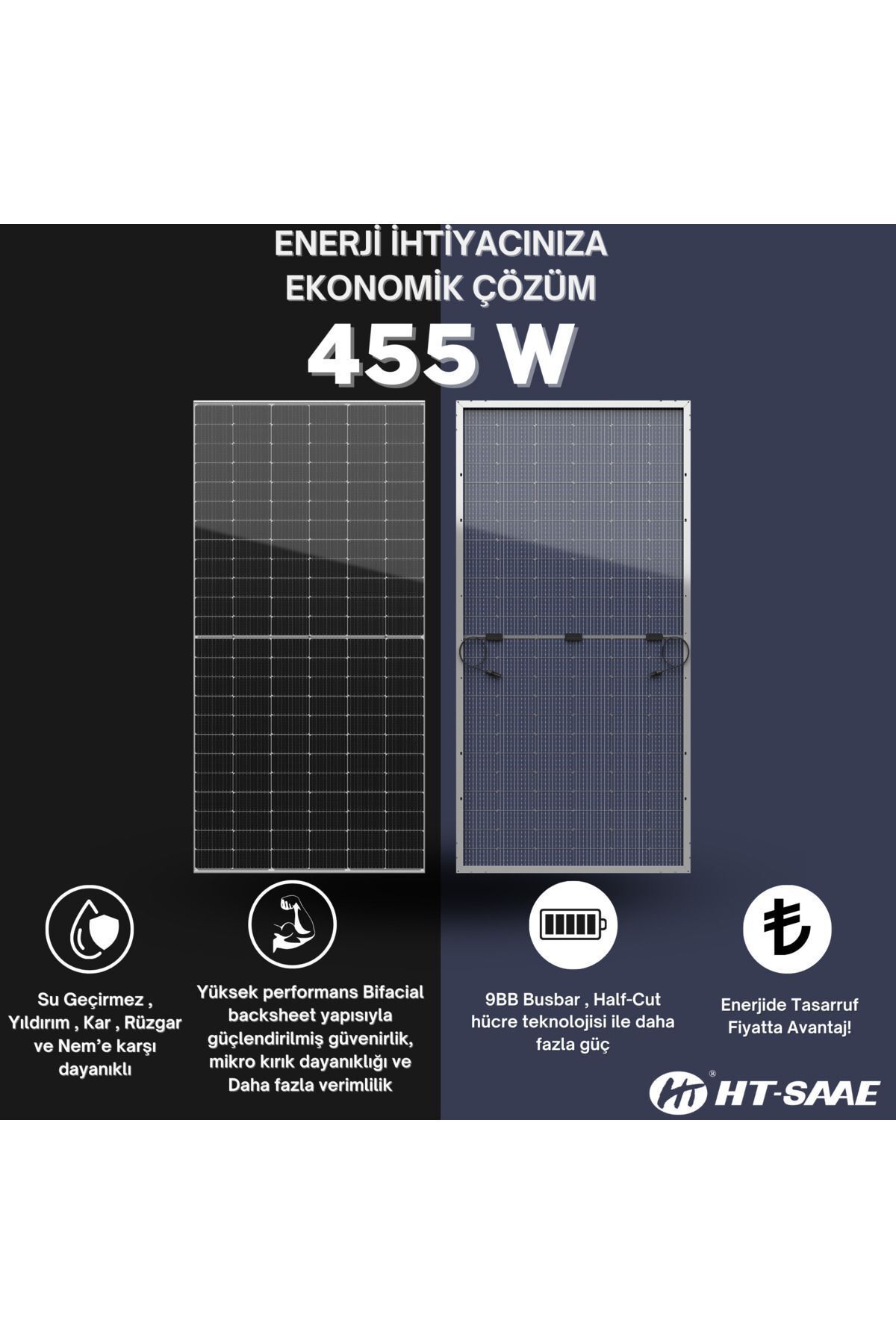 HT-SAAE Ht72-166m Transparan 455 Watt Güneş Enerji Paneli Half-cut Monokristal Yüksek Verimli Bifacial Hücre
