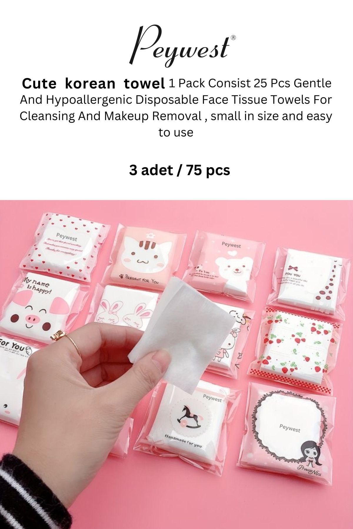 PEYWEST 75 Adet Mini (5CM X 6CM) Kore Tarzı Pro Steril Cotton Makyaj Temizleme Mendili Yüz Bakım Havlusu