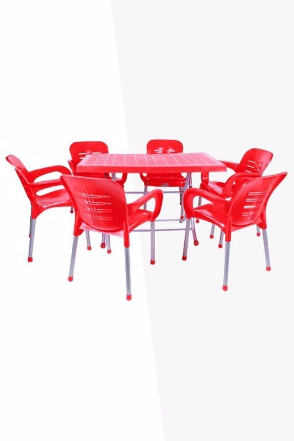 Stars 70 X 120 Plastik Katlanır Metal Ayaklı Kırmızı Masa + 6 Adet Sandalye