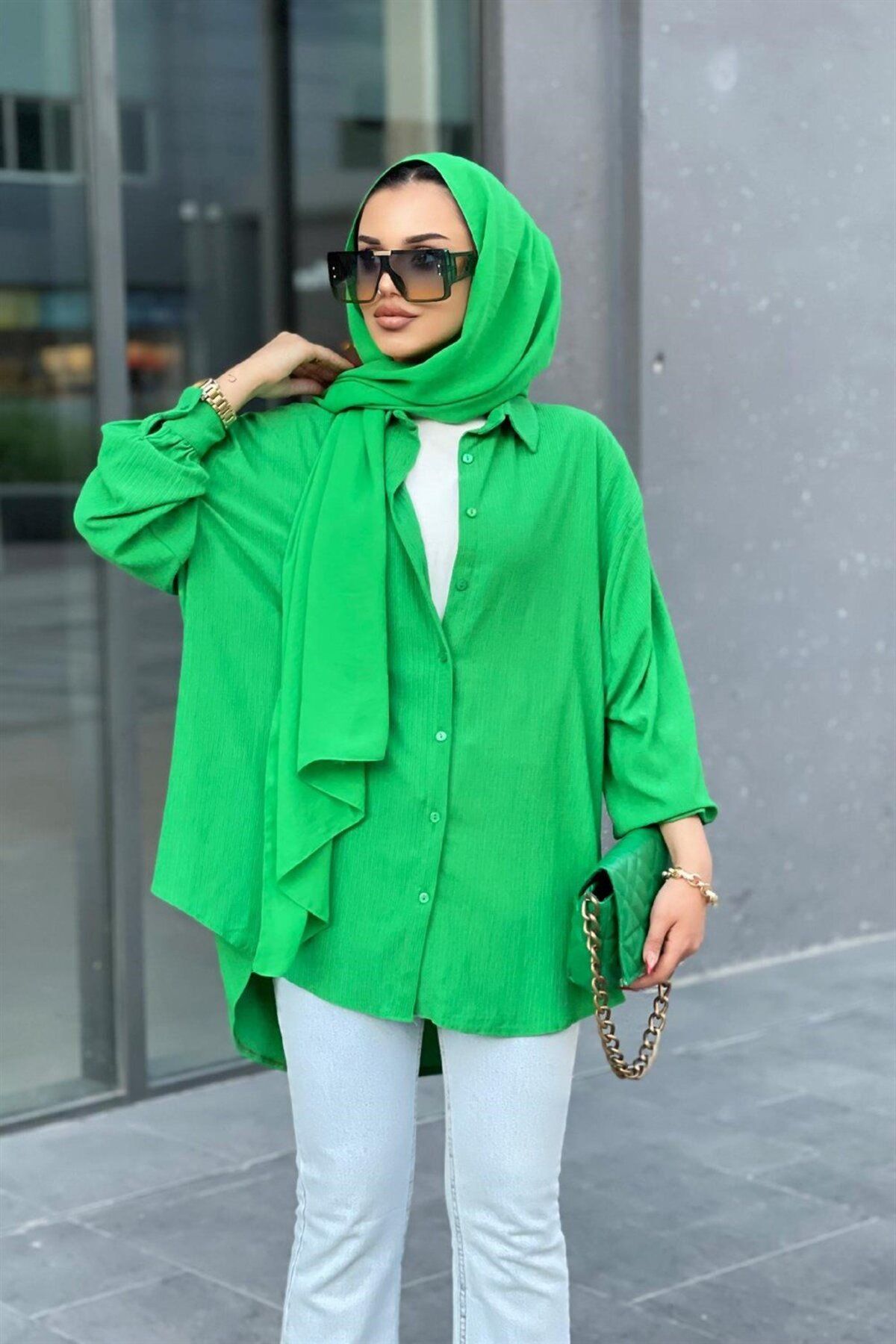 Şule Giyim Düğmeli Pamuk Gömlek Yeşil