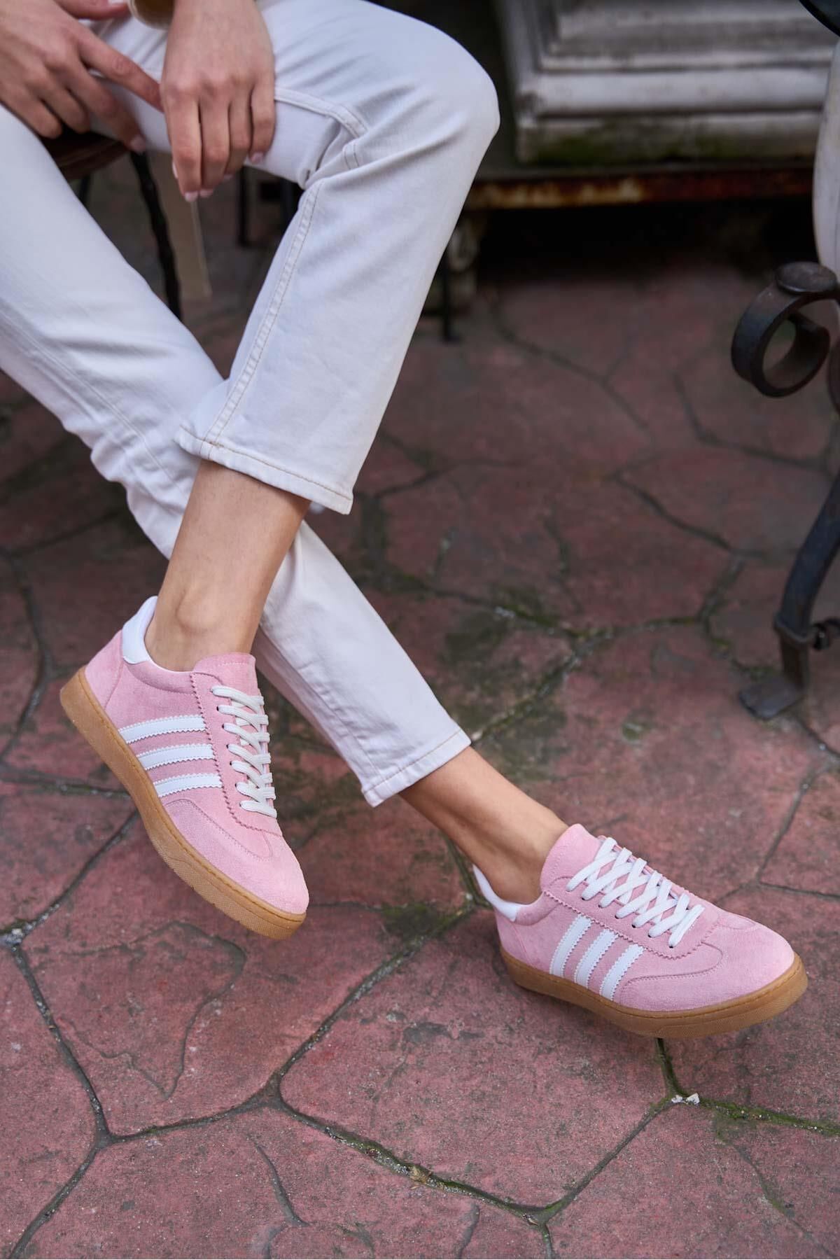 Madamra Pembe-beyaz Süet Kadın Kontrast Parçalı Spor Ayakkabı
