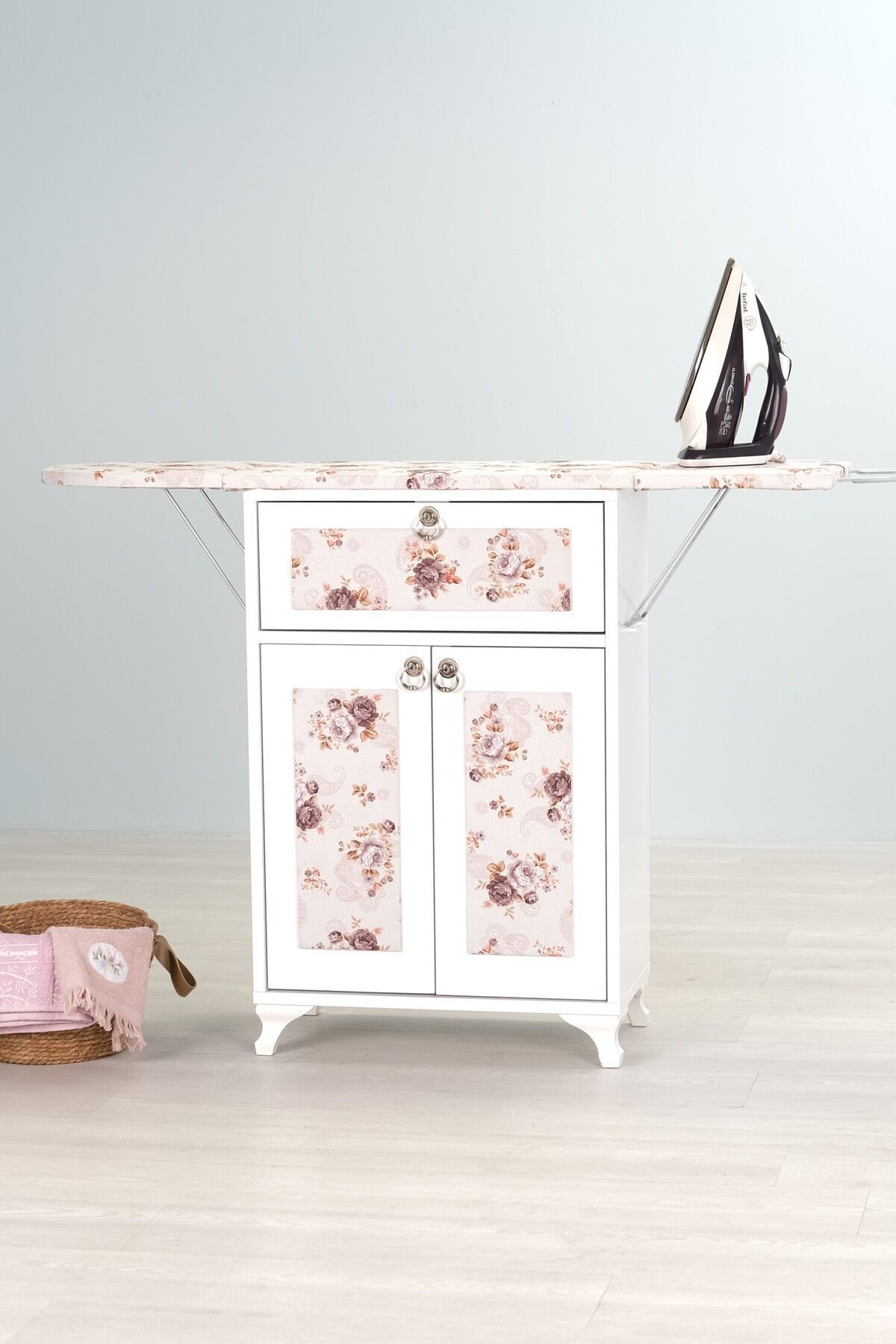 mistik home Rose Beyaz Katlanır Dolaplı Ütü Masası Kahverengi Çiçek Desenli