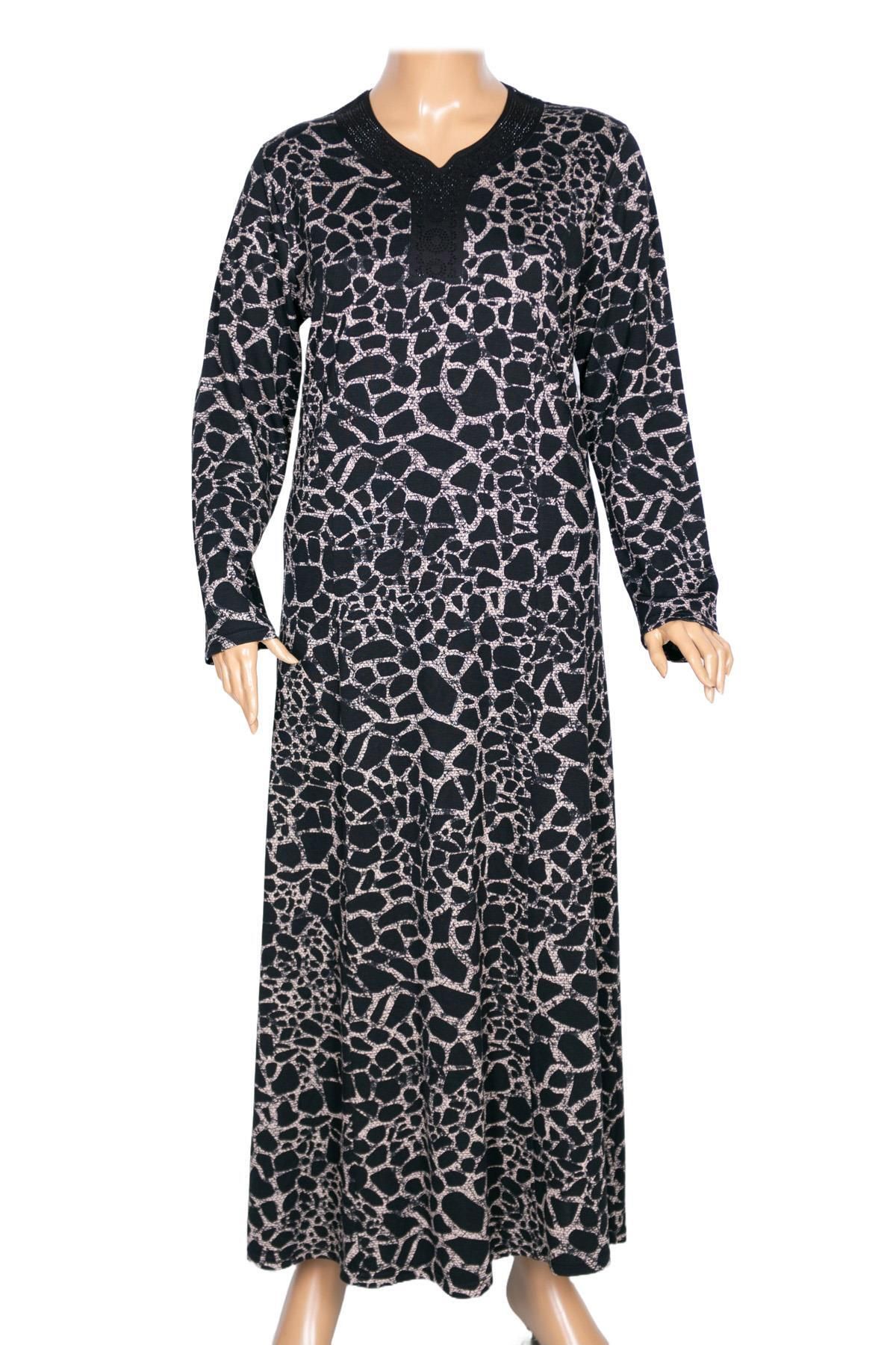 HESNA Kadın Demet Kuplu Boydan Taş Çakıl Desen Siyah Elbise