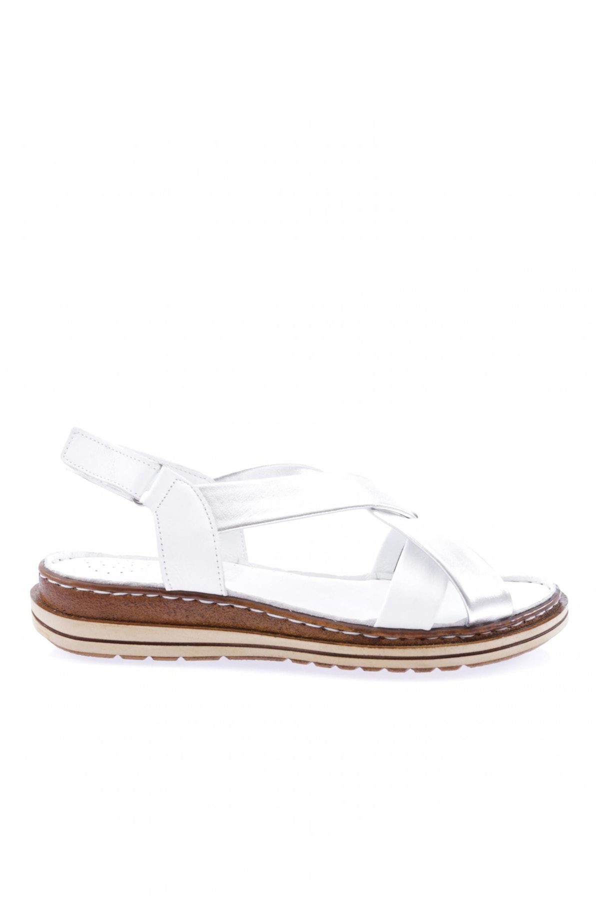 Dgn 300-23y Kadın Çapraz Bantlı Cirtli Sandalet Hakiki Deri Beyaz Gümüş