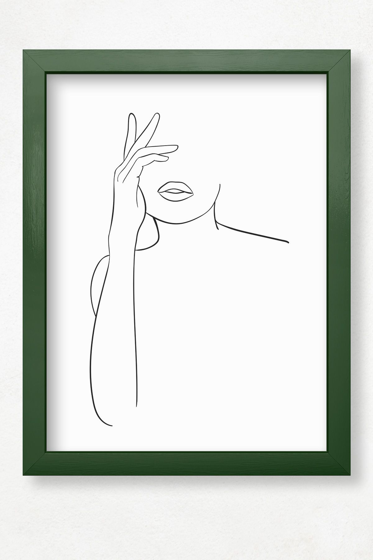 DuoArt Kadın Portre Estetik Minimalist/Line Art/Doğal Ahşap Çerçeveli Poster/Çerçeve Rengi:Koyu Yeşil