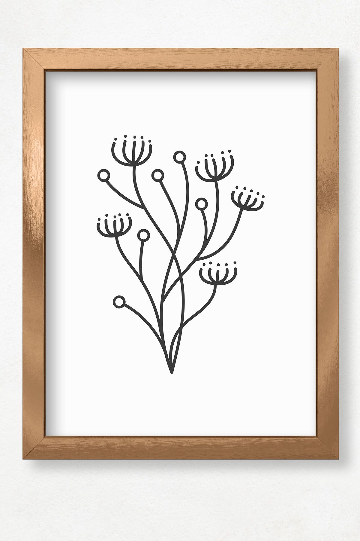 DuoArt Çiçek Bitki Minimalist/Line Art/Doğal Ahşap Çerçeveli Poster/Çerçeve Rengi:Bronz