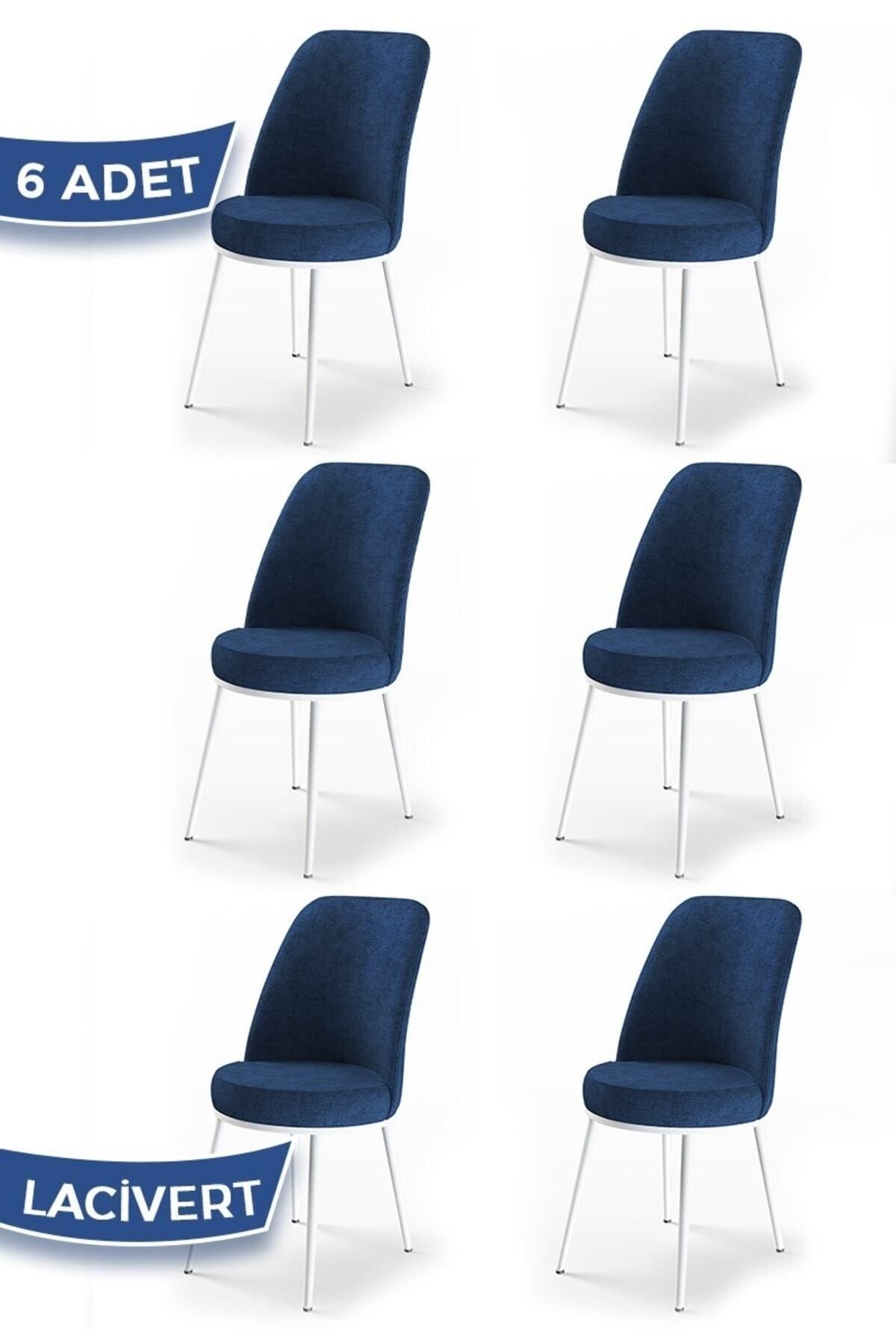 Canisa Concept Dexa Serisi, Üst Kalite Yemek Odası Sandalyesi, Metal Beyaz Iskeletli, 6 Adet Lacivert
