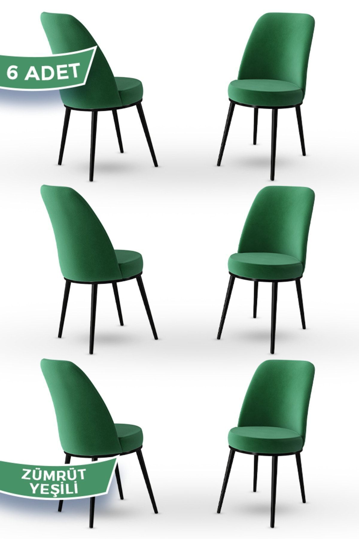 Canisa Jaxe Serisi 6 Adet Zümrüt Yeşil Metal Siyah İskeletli Yemek Odası Sandalyesi