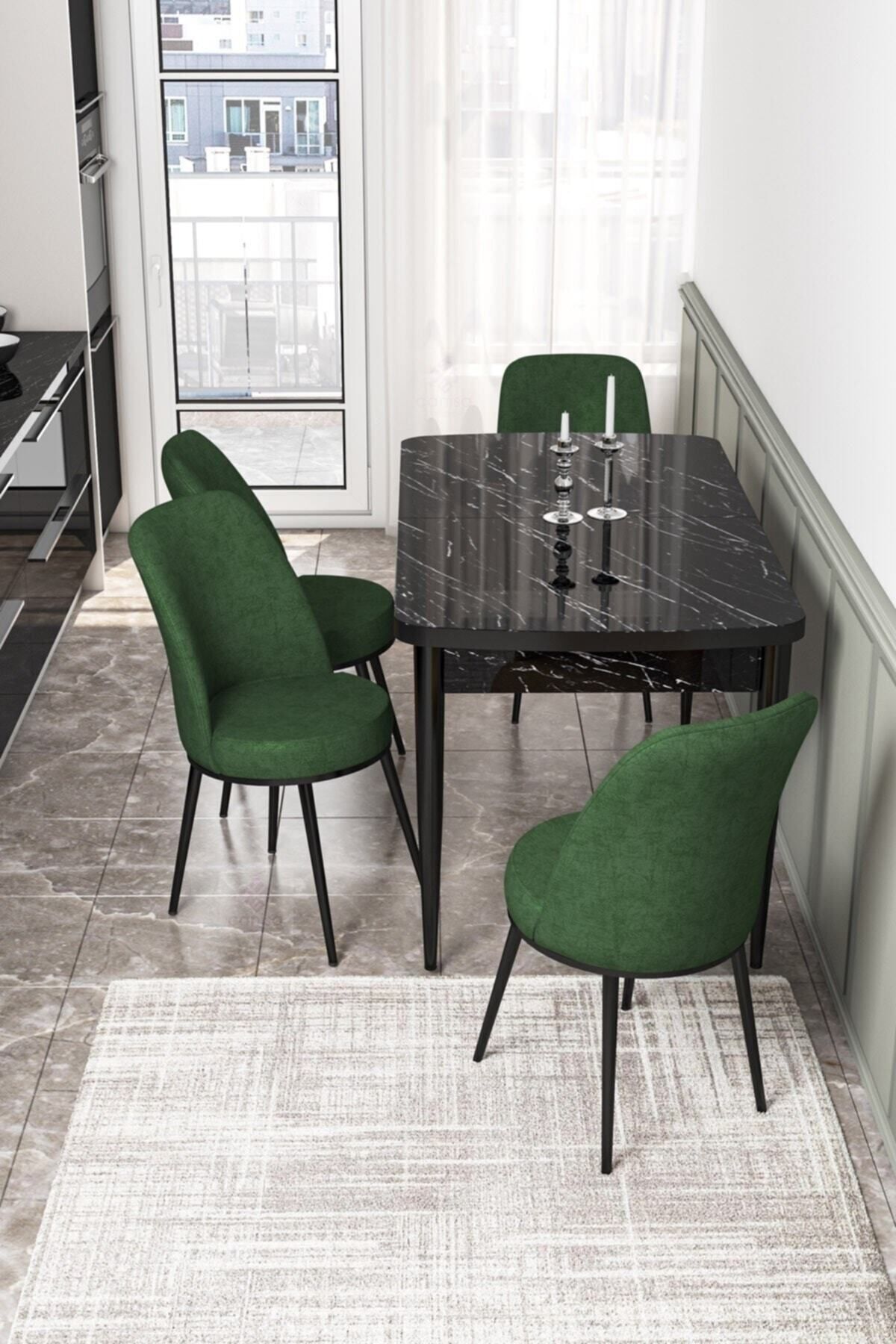 Canisa Concept Kor Serisi 70x114 Açılabilir Mutfak Masa Takımı, Siyah Mermer Masa+4 Sandalye