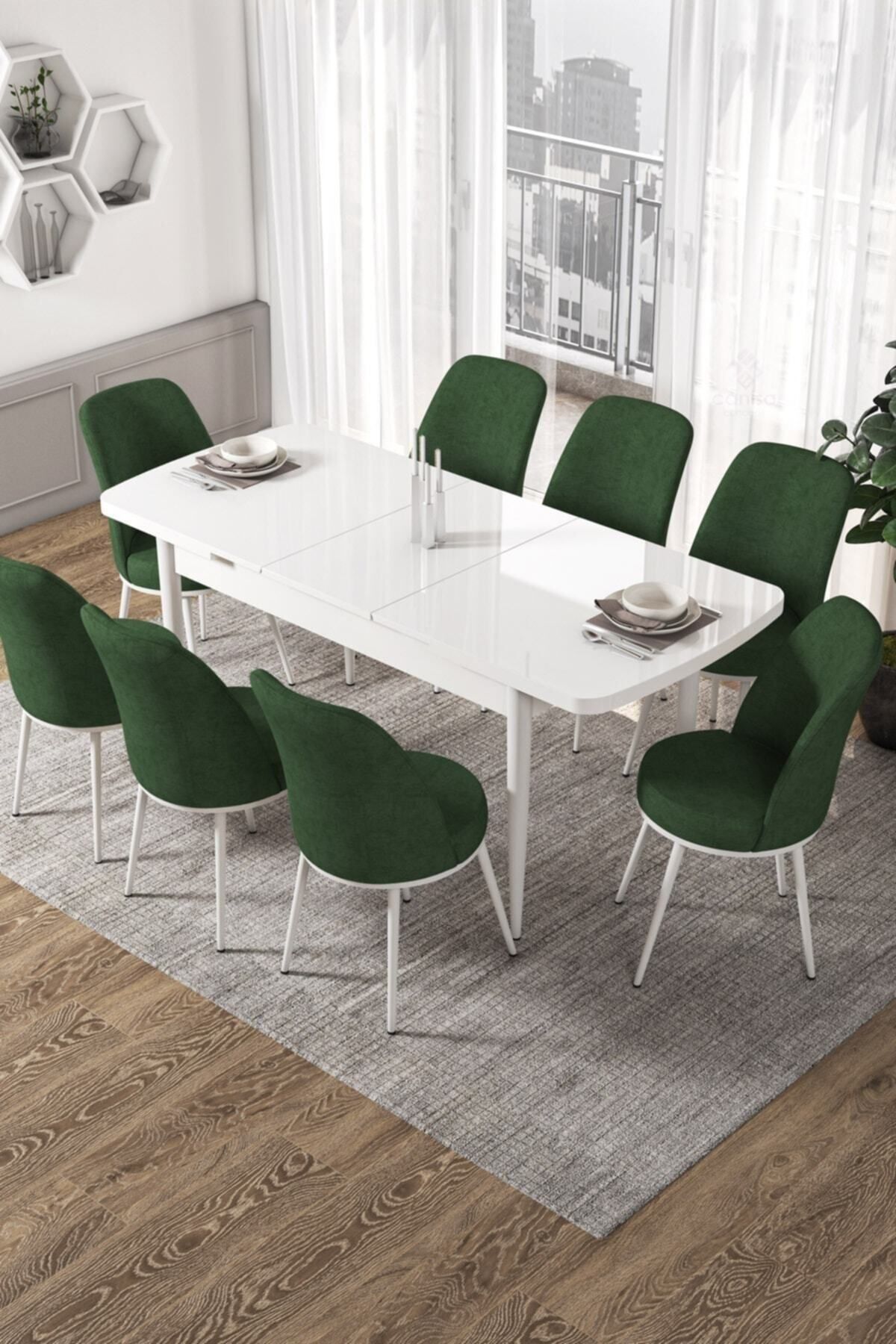 Canisa Concept Via Serisi Açılabilir Mutfak Masası Takımı-Beyaz Masa+ Yeşil Sandalye 8 Adet