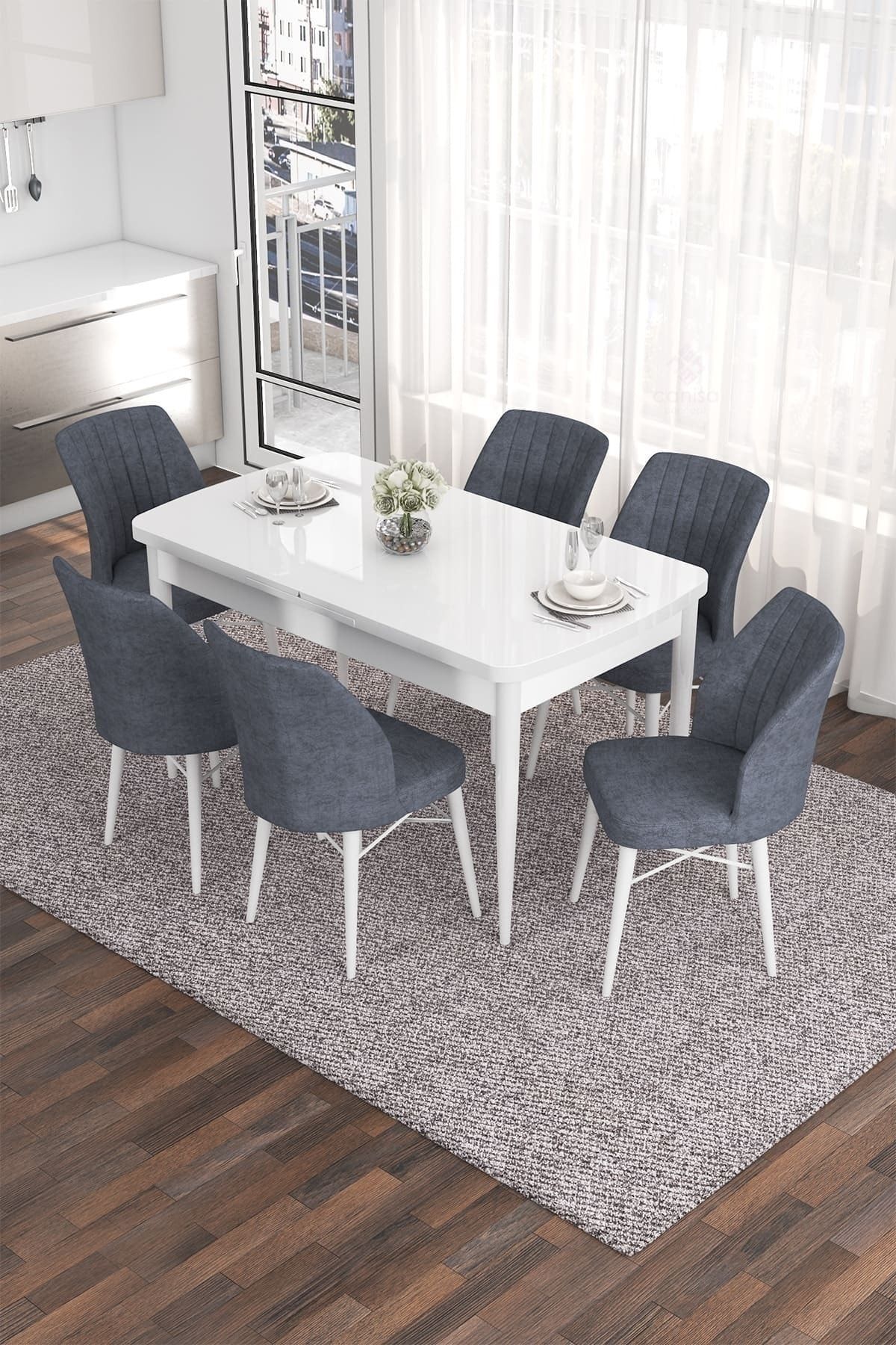 Canisa Concept Canisa Eva Serisi Mdf ,ahşap Ayaklı Açılabilir Mutfak Masa Takımı/beyaz Masa+6 Füme Sandalye