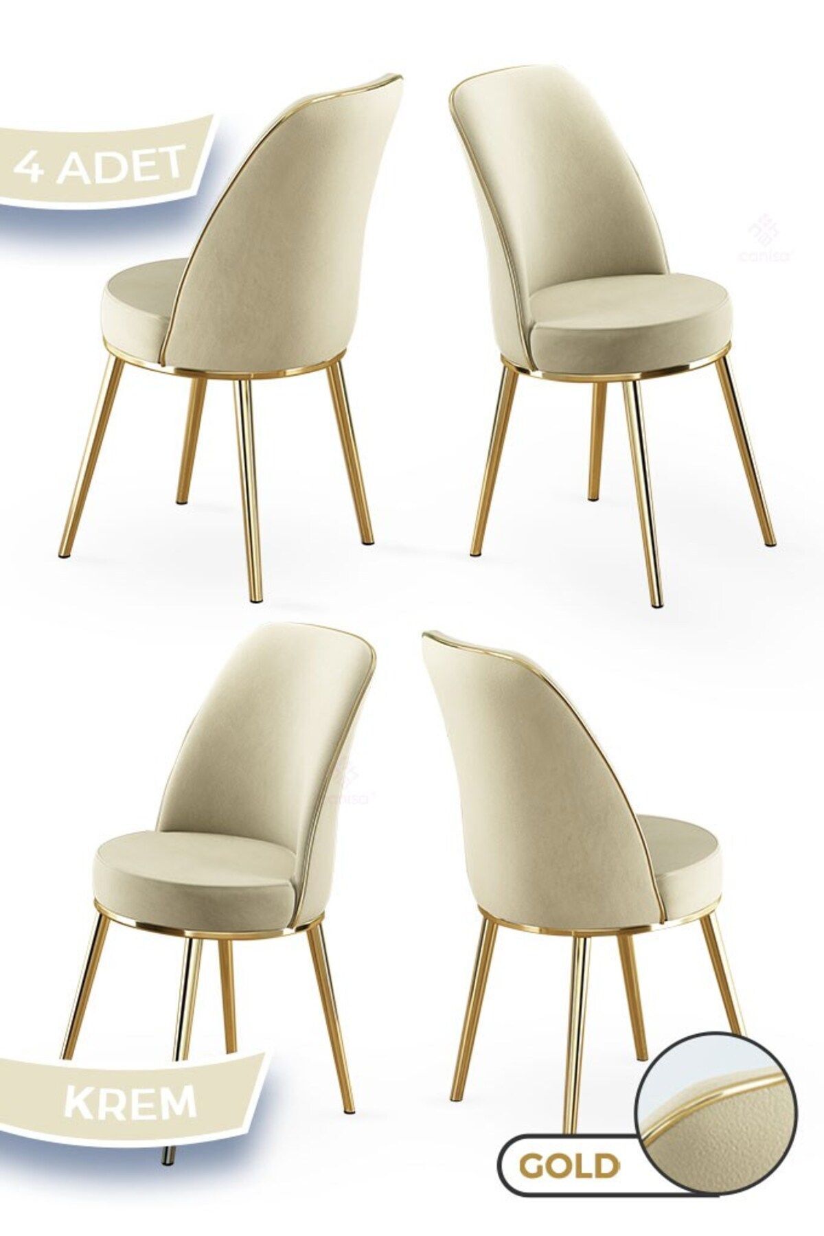 Canisa Pefa Serisi 4 Adet Mutfak Sandalyesi Gold Kaplama Metal Ayak 1. Sınıf Babyface Kumaş