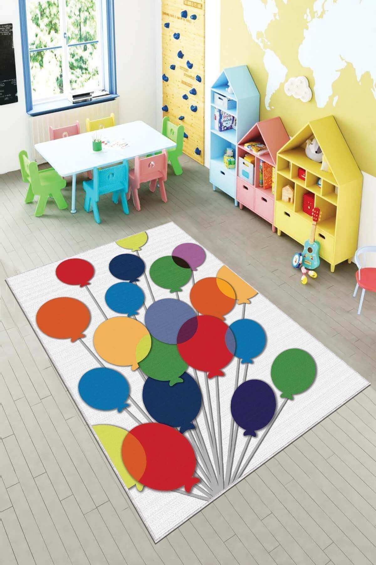 NeluxHome Kaymaz Tabanlı Dijital Baskı Makinede Yıkanabilen Çocuk Halısı Renkli Balonlar Kd039