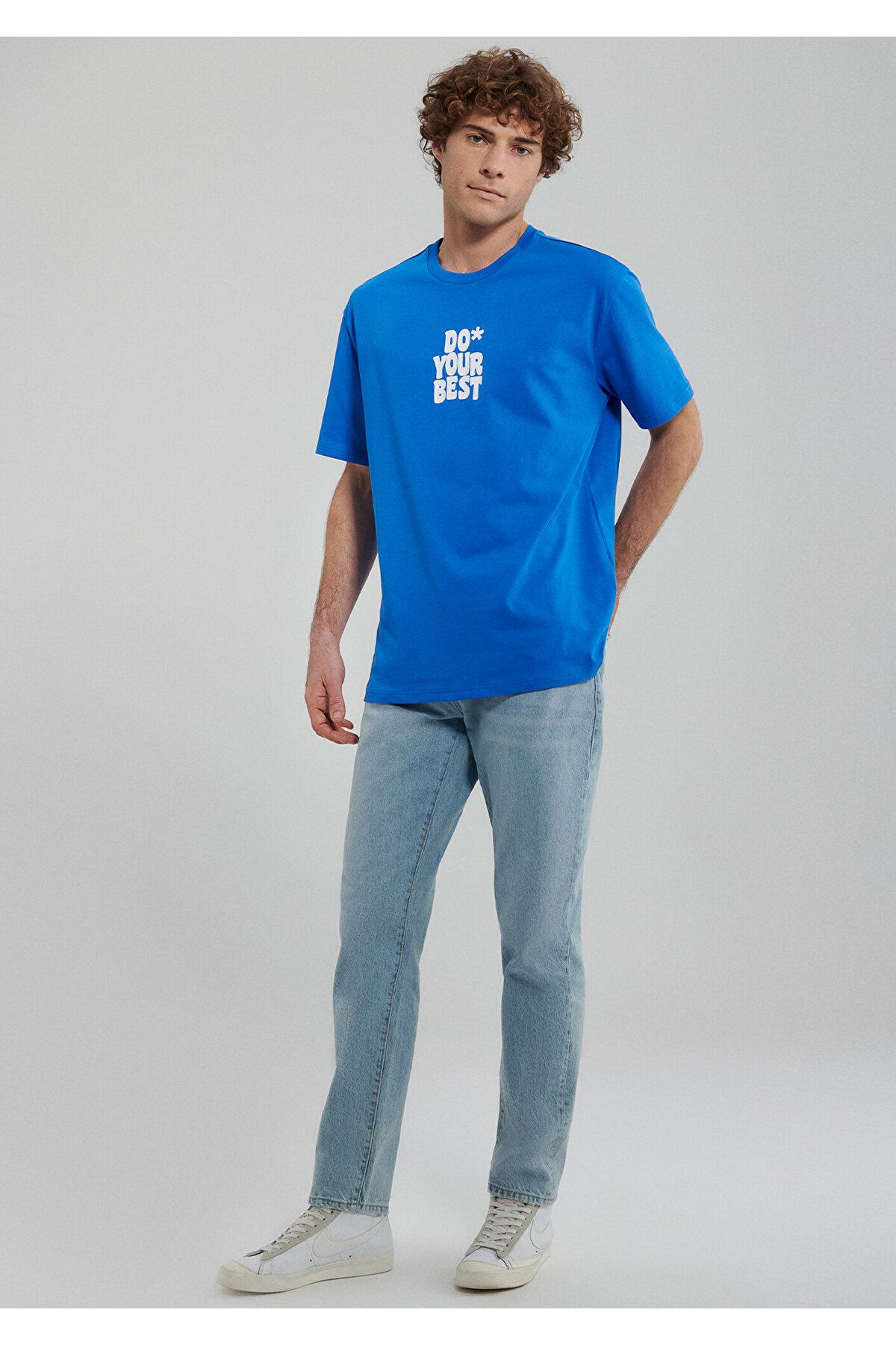 Mavi Baskılı Mavi Tişört Loose Fit / Bol Rahat Kesim 0611933-81347