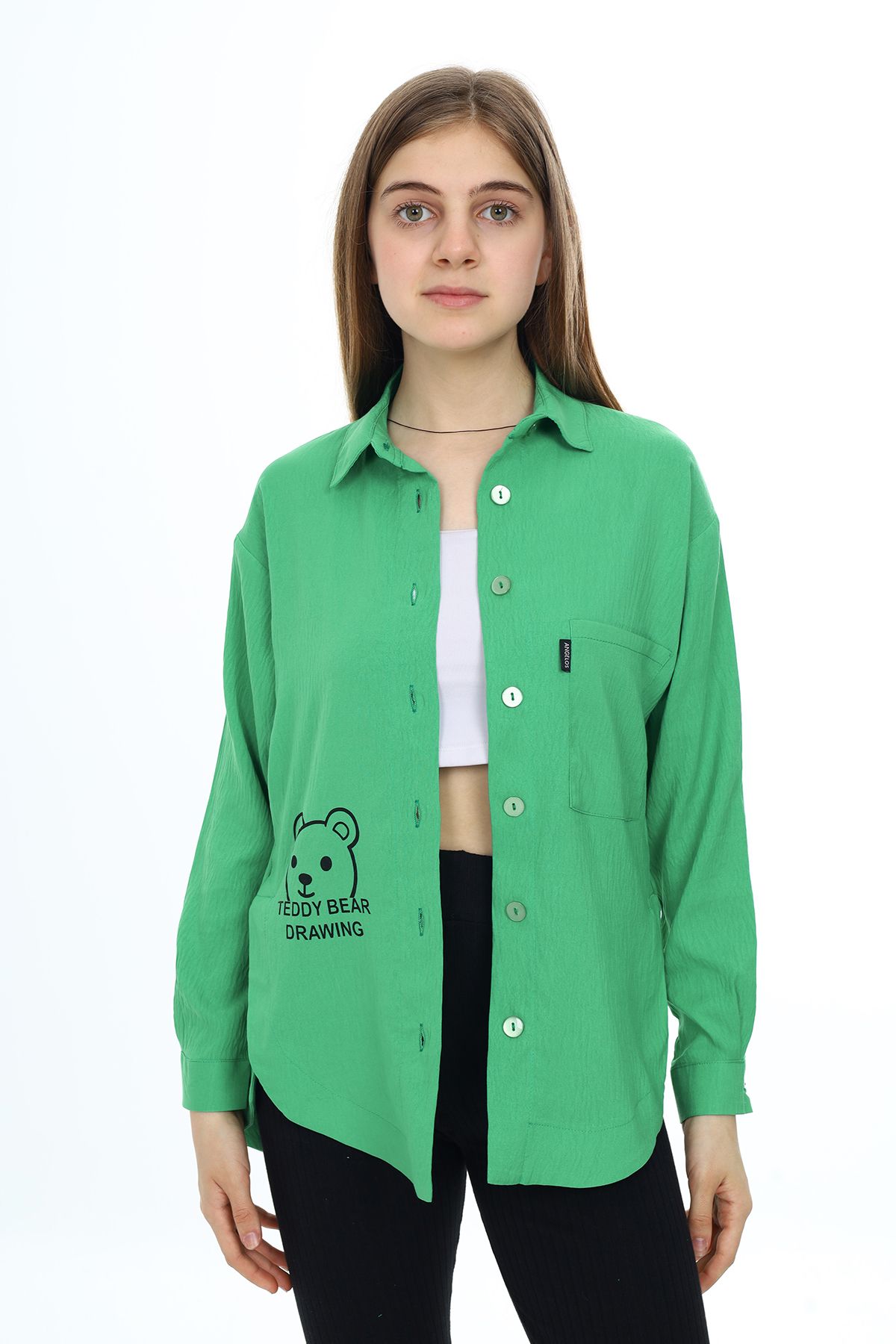 Cansın Mini Yeşil Ayıcık Baskılı Yırtmaçlı Kız Çocuk Düğmeli Gömlek 18416