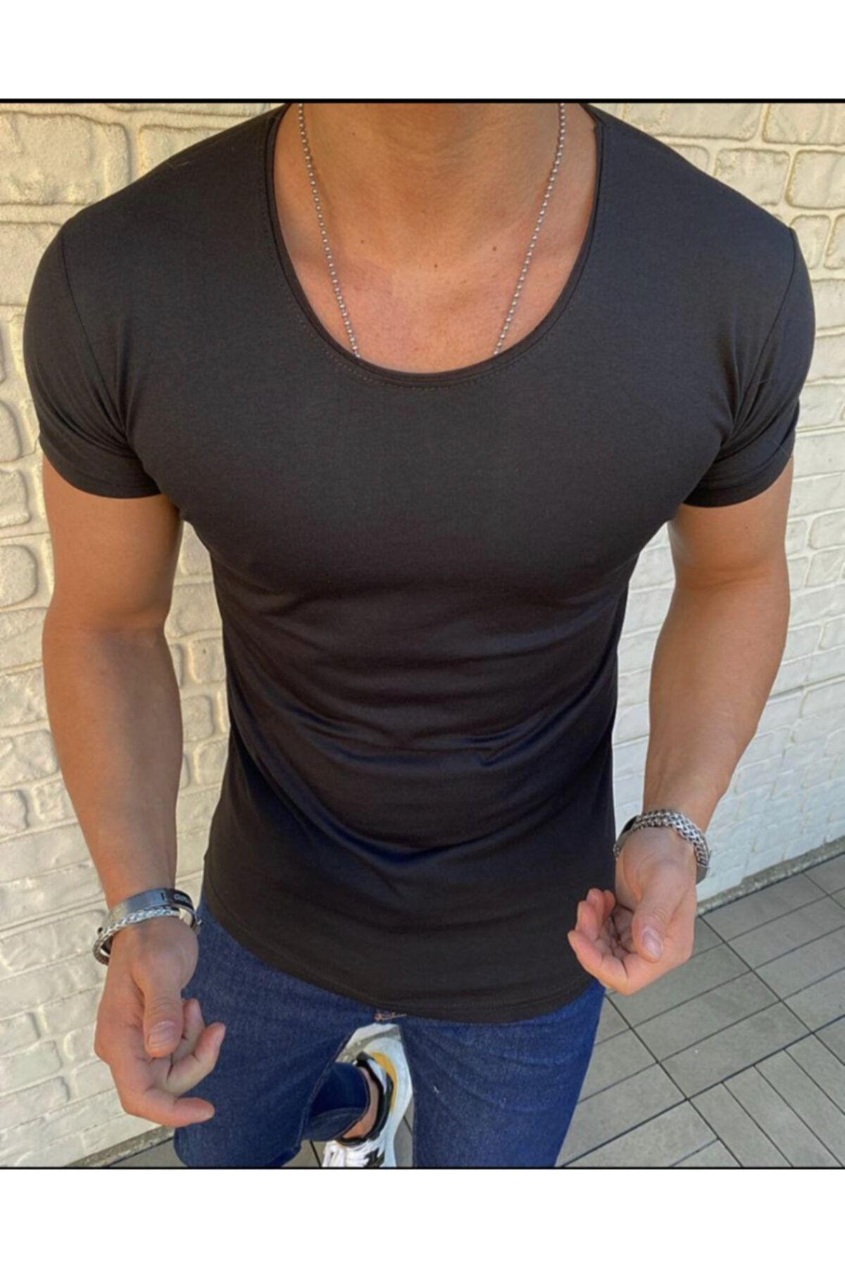 BYBÜLENT Erkek Oval Yaka Tişört Açık Yaka Likralı Slim Fit T-shirt Siyah Vr046