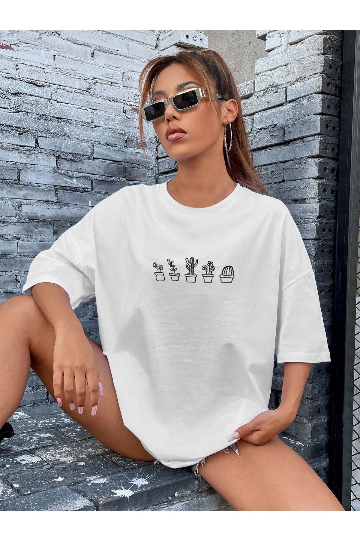 DAXİS Sportwear Company Kadın Kaktüs Baskılı Oversize Tshirt