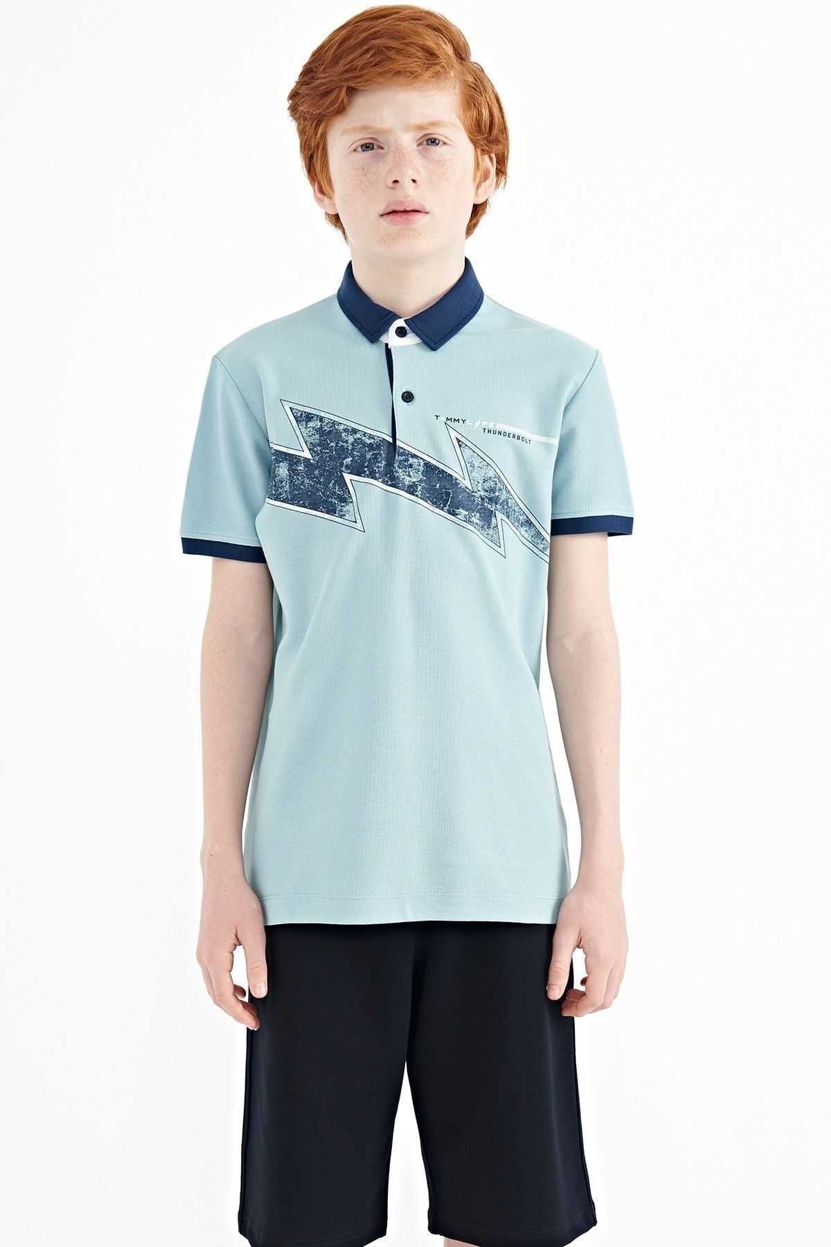 TOMMY LIFE Açık Mavi Baskı Detaylı Standart Kalıp Polo Yaka Erkek Çocuk T-shirt - 11154