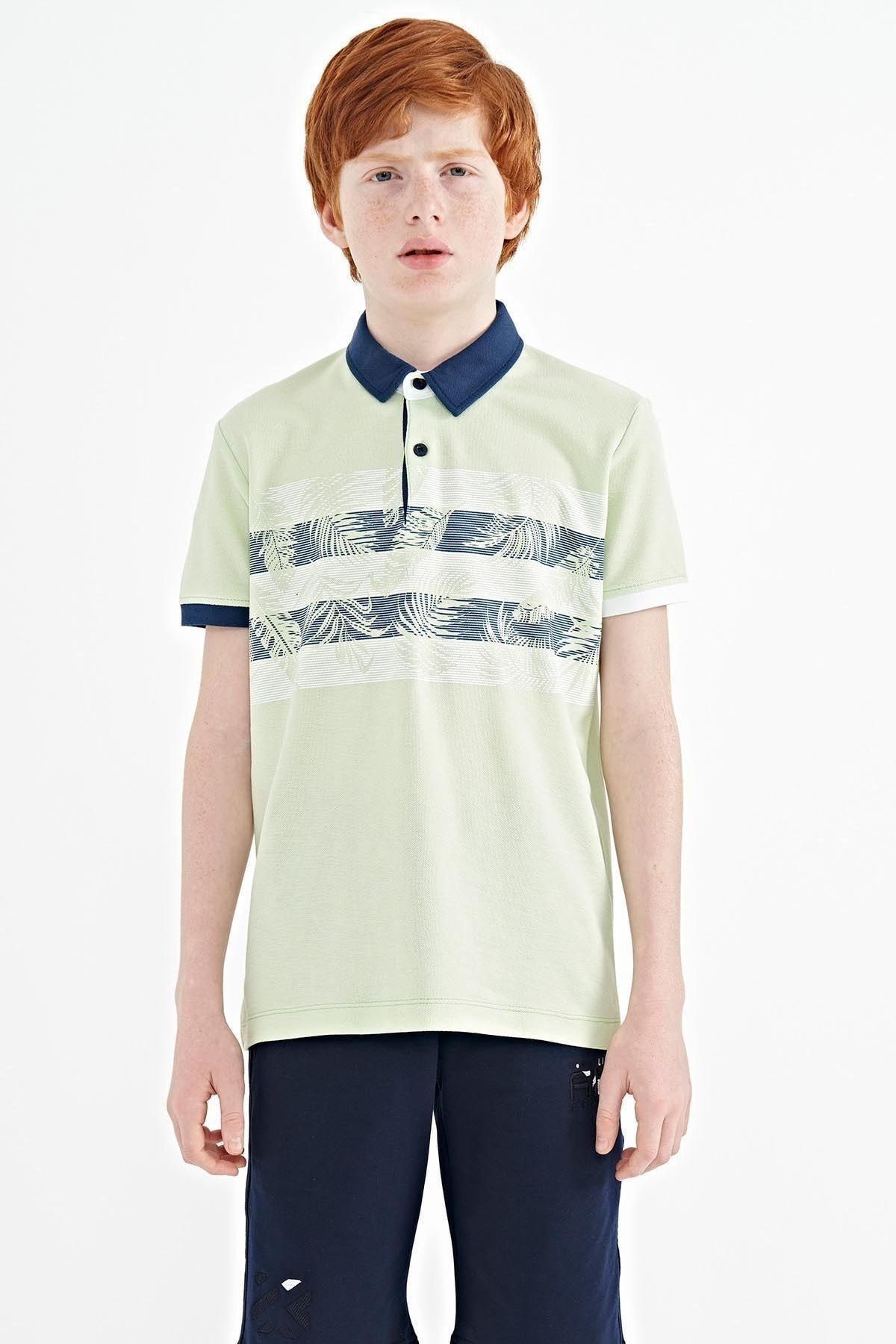 TOMMY LIFE Açık Yeşil Baskı Detaylı Standart Kalıp Polo Yaka Erkek Çocuk T-shirt - 11101
