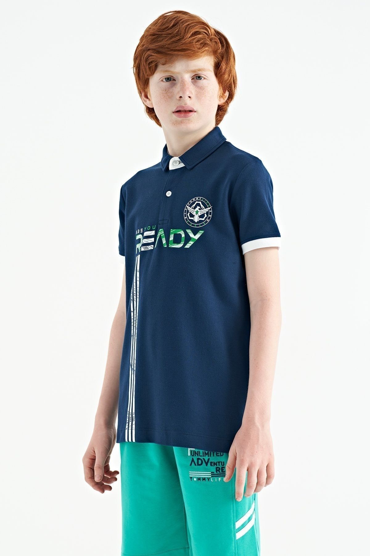 TOMMY LIFE İndigo Yazı Baskı Desenli Standart Kalıp Polo Yaka Erkek Çocuk T-shirt - 11143
