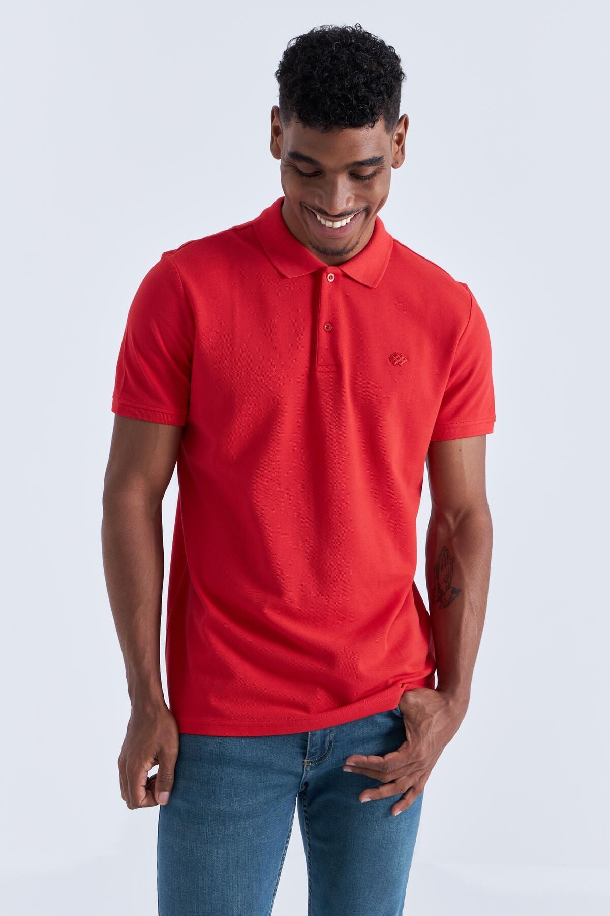 TOMMY LIFE Kırmızı Basic Logolu Standart Kalıp Triko Polo Yaka Erkek T-shirt - 87748