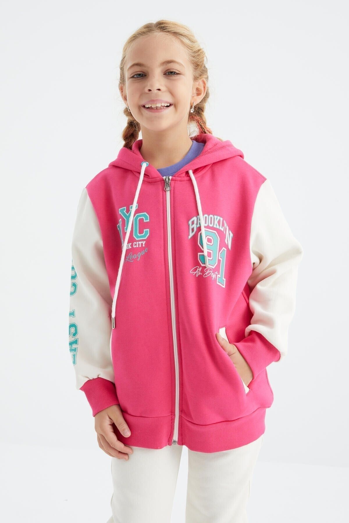 TOMMY LIFE Fuşya Ön Ve Kol Desenli Kapüşonlu Fermuarlı Kız Çocuk Sweatshirt - 75094