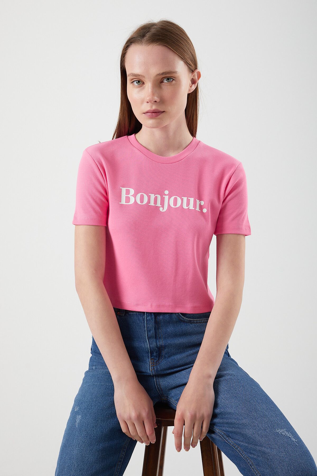 Mixray 1086 Kadın Bonjour Baskılı Pamuklu Crop T-Shirt