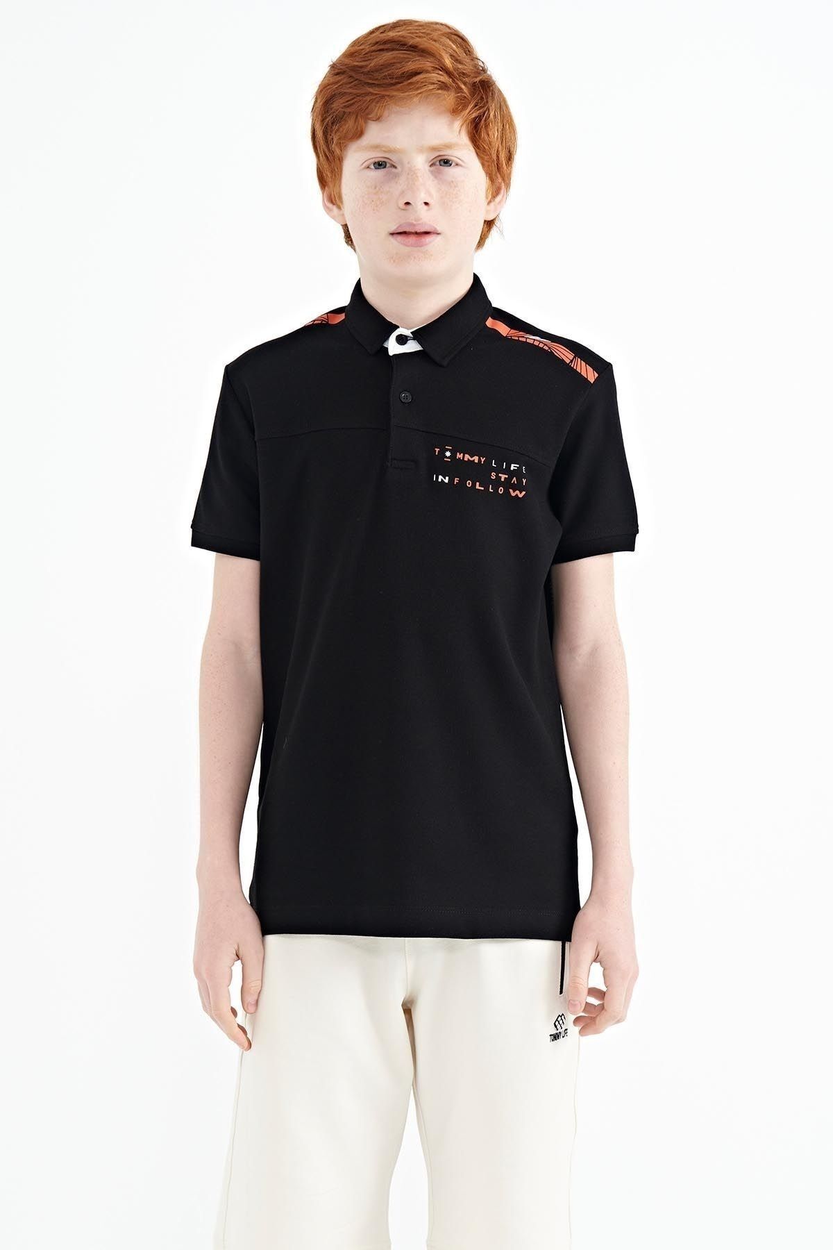 TOMMY LIFE Siyah Baskı Detaylı Standart Kalıp Polo Yaka Erkek Çocuk T-shirt - 11140