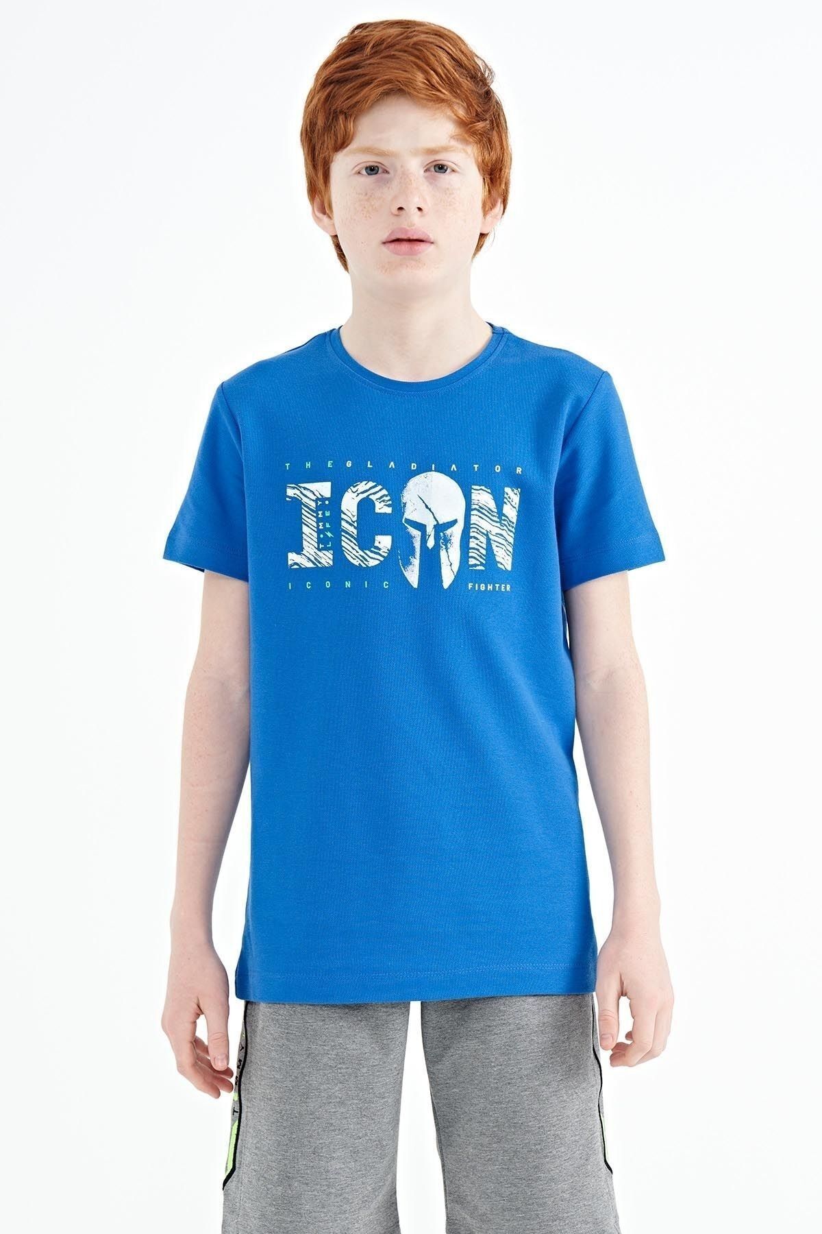 TOMMY LIFE Saks Ön Yazı Nakışlı O Yaka Standart Kalıp Erkek Çocuk T-shirt - 11118