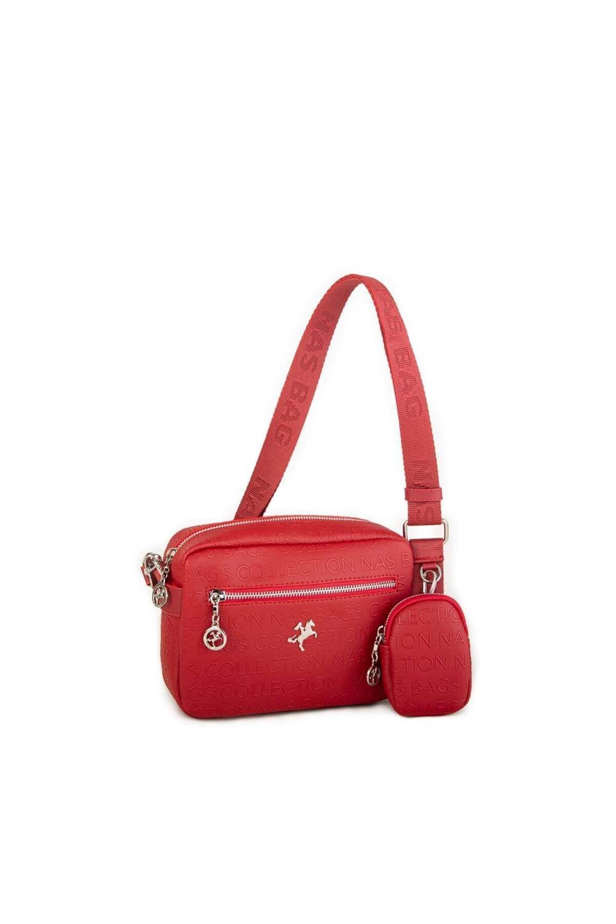 Nas Bag Kadın Çapraz Çanta Mini Cüzdanlı Ayarlanabilir Askılı Kırmızı Gofraj