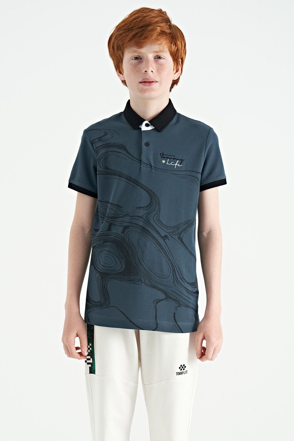 TOMMY LIFE Orman Yeşili Baskı Detaylı Standart Kalıp Polo Yaka Erkek Çocuk T-Shirt - 11165