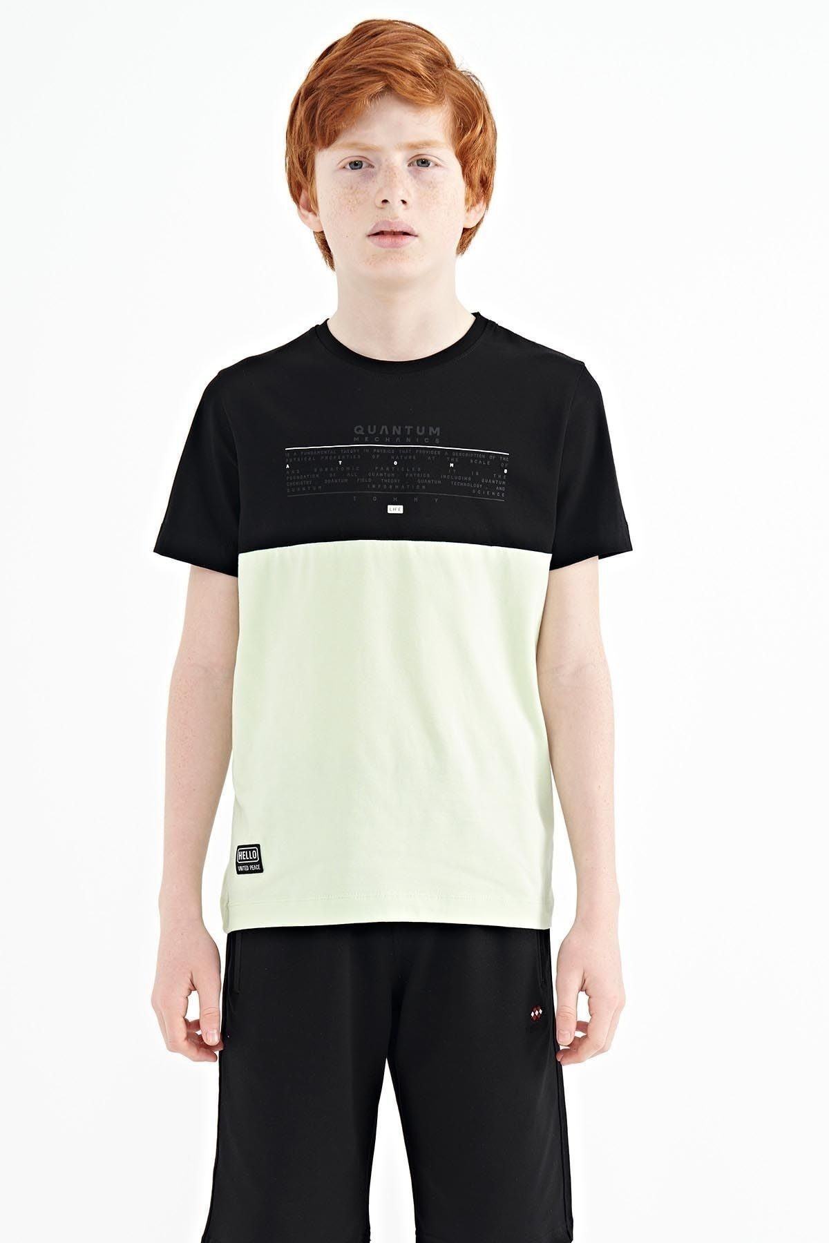 TOMMY LIFE Açık Yeşil Yazı Baskılı Renk Bloklu Standart Kalıp O Yaka Erkek Çocuk T-shirt - 11134