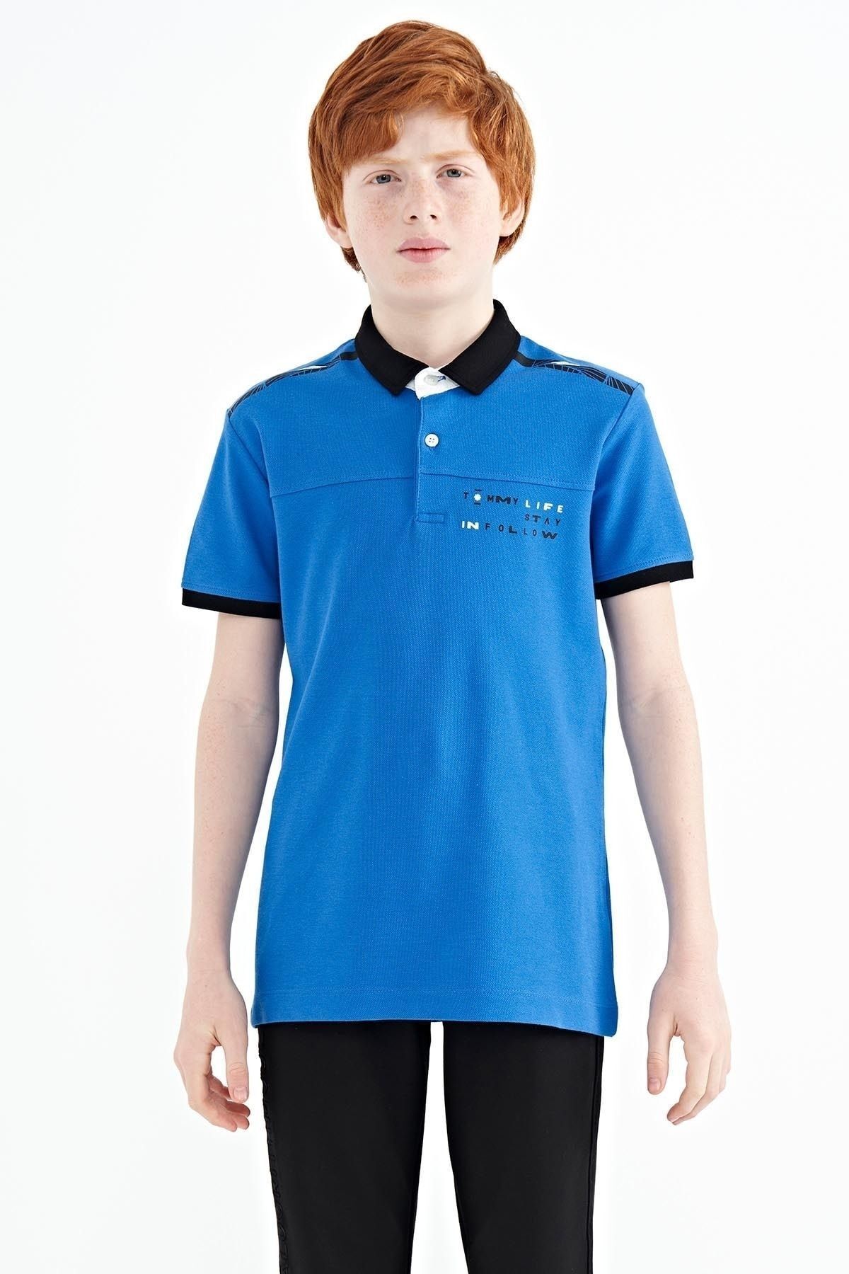 TOMMY LIFE Saks Baskı Detaylı Standart Kalıp Polo Yaka Erkek Çocuk T-Shirt - 11140