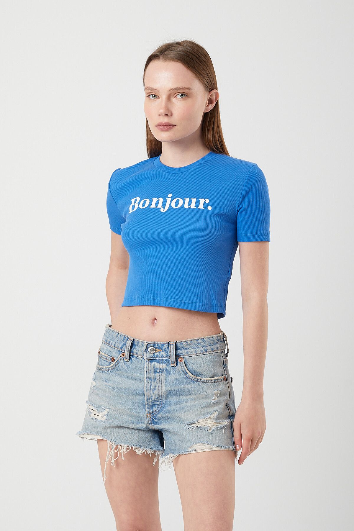 Mixray 1086 Kadın Bonjour Baskılı Pamuklu Crop T-Shirt