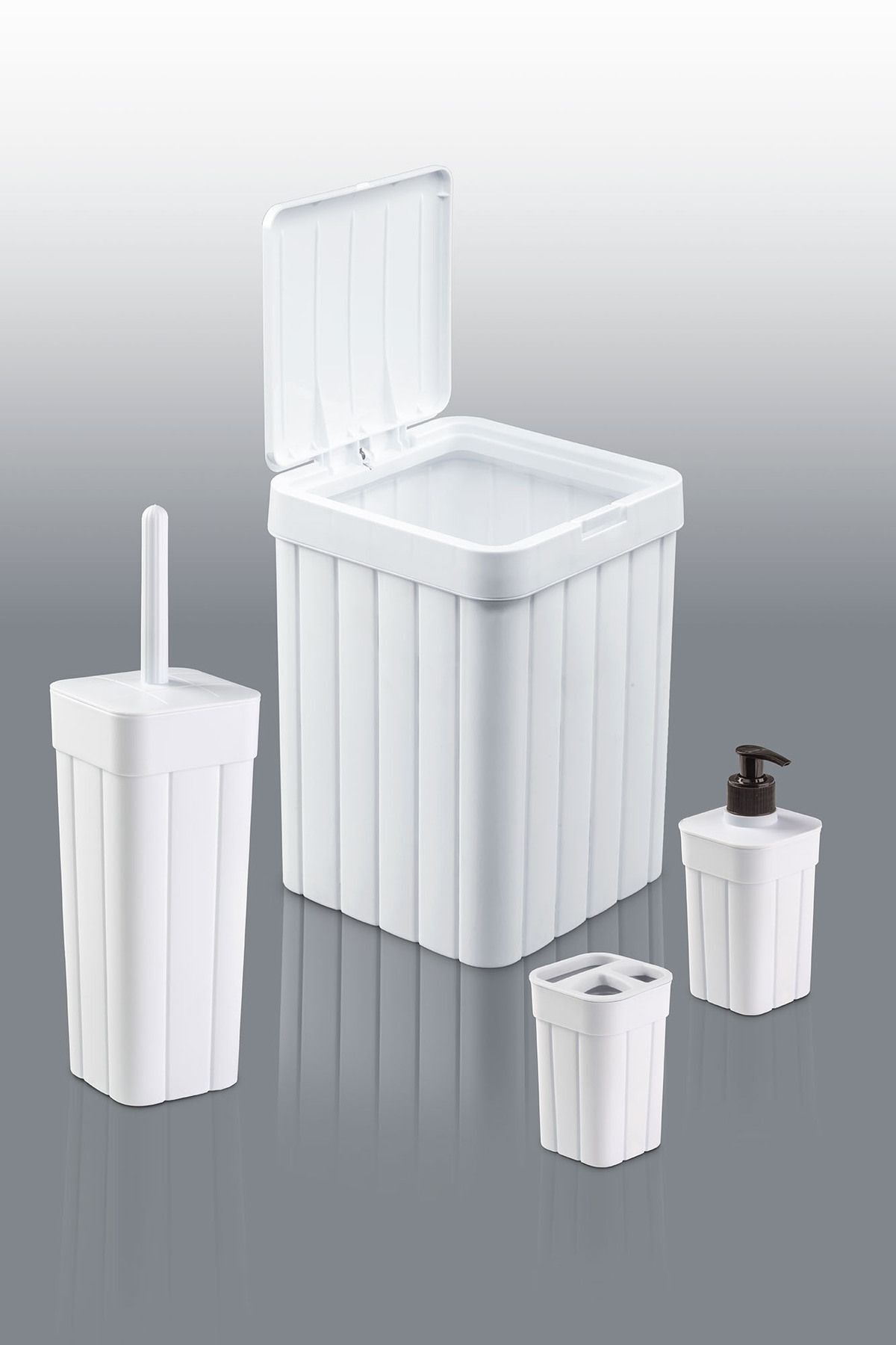 plastyol Fitil Desen 4'lü Banyo Seti -çöp Kovası,wc Fırçalık,diş Fırçalık Ve Sıvı Sabunluk - Bas Aç Kapaklı