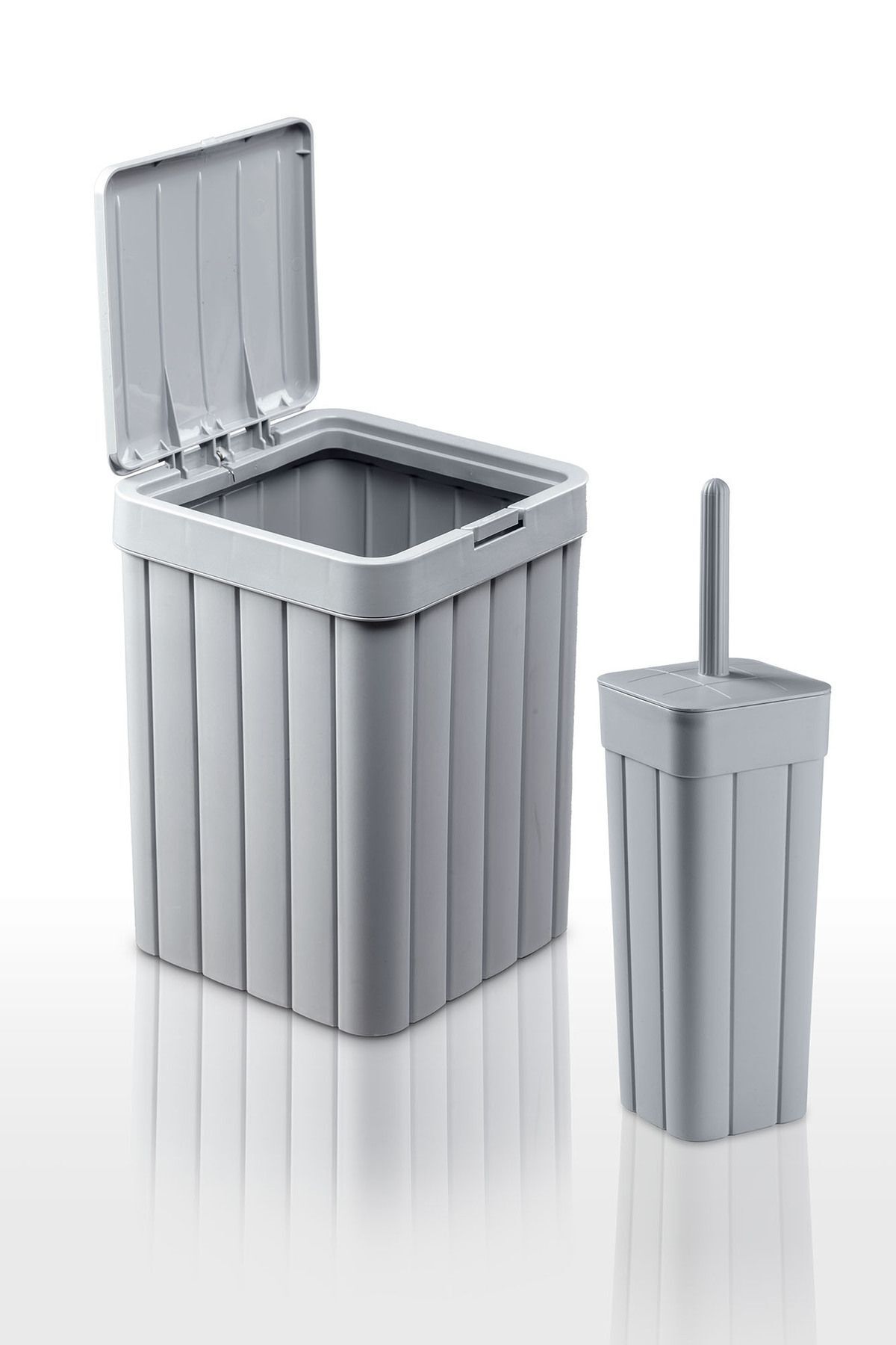 plastyol Fitil Desen 2'li Banyo Seti - 10l Çöp Kovası Ve Wc Fırçalık - Bas Aç Kapaklı