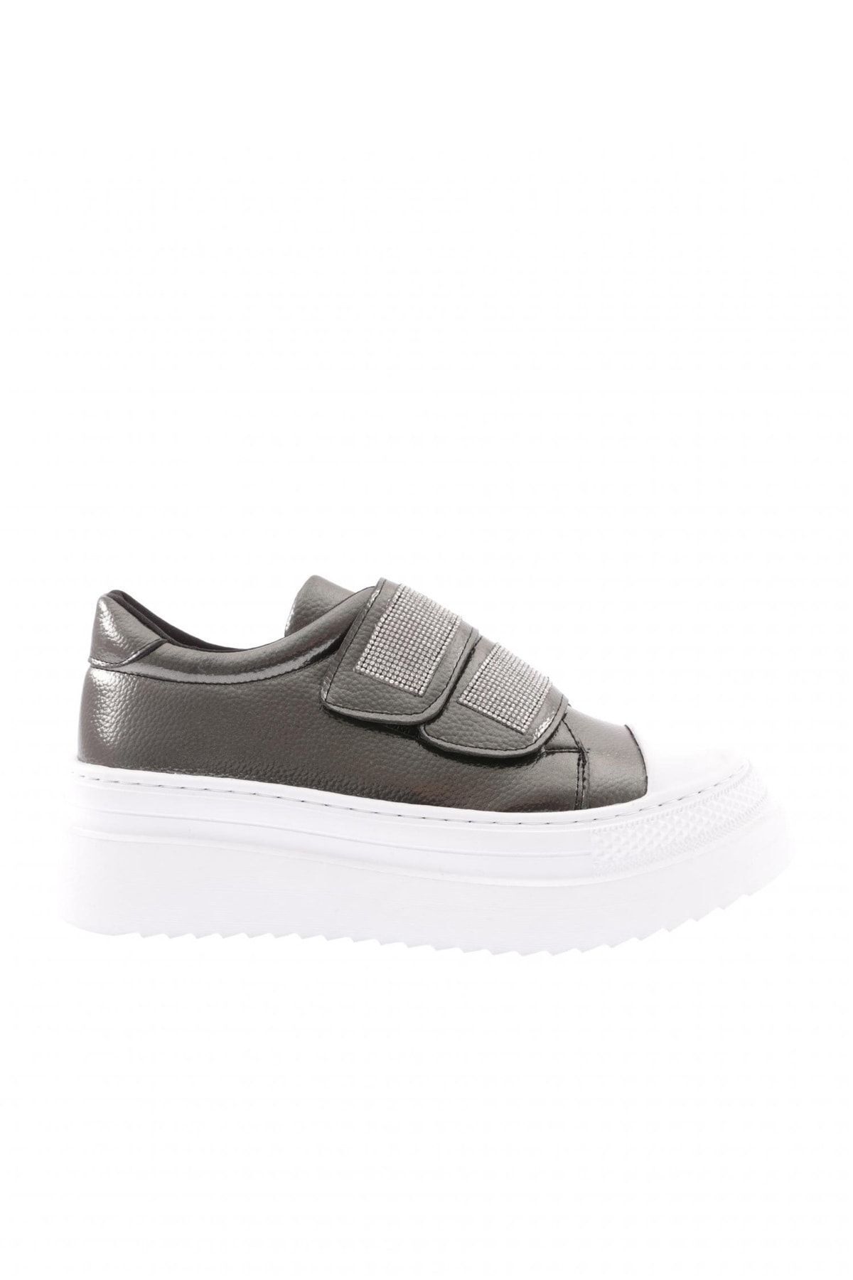 Dgn 898-23y Kadın 2 Cirtli Bantlari Silver Taşlı Kalın Taban Sneaker Ayakkabı Platin Rolax Beyaz