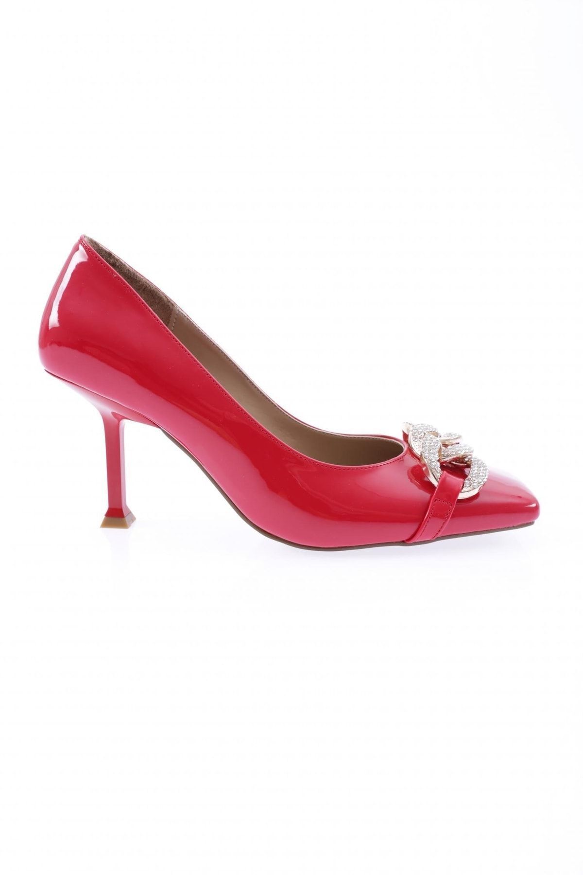 Dgn 8056-22k Kadın Köşeli Burun Zincir Tokalı Topuklu Ayakkabı Kırmızı Rugan