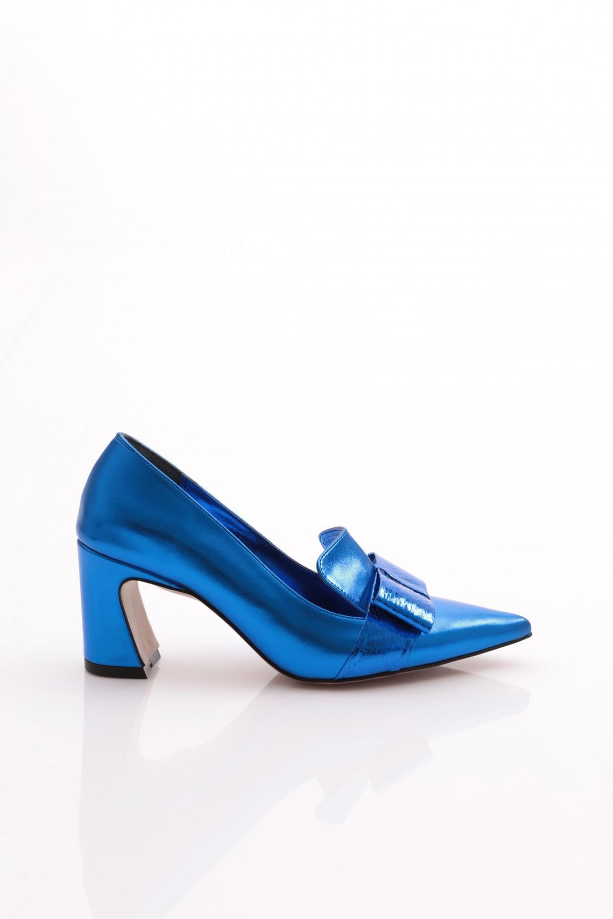 Dgn 159 Kadın Kurdela Desenli Topuklu Ayakkabı Mavi Metalik
