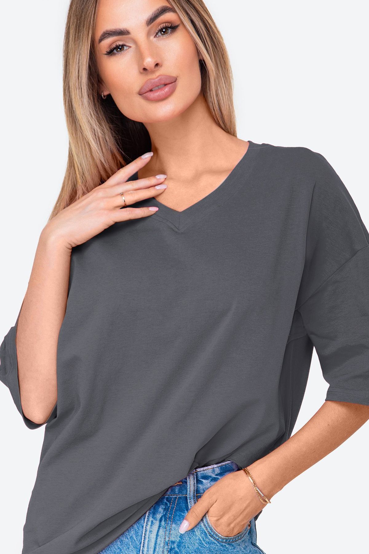 Happyfox Pamuklu Likralı Kadın V Yaka Baskısız Oversize Düz T-shirt Basic Gri