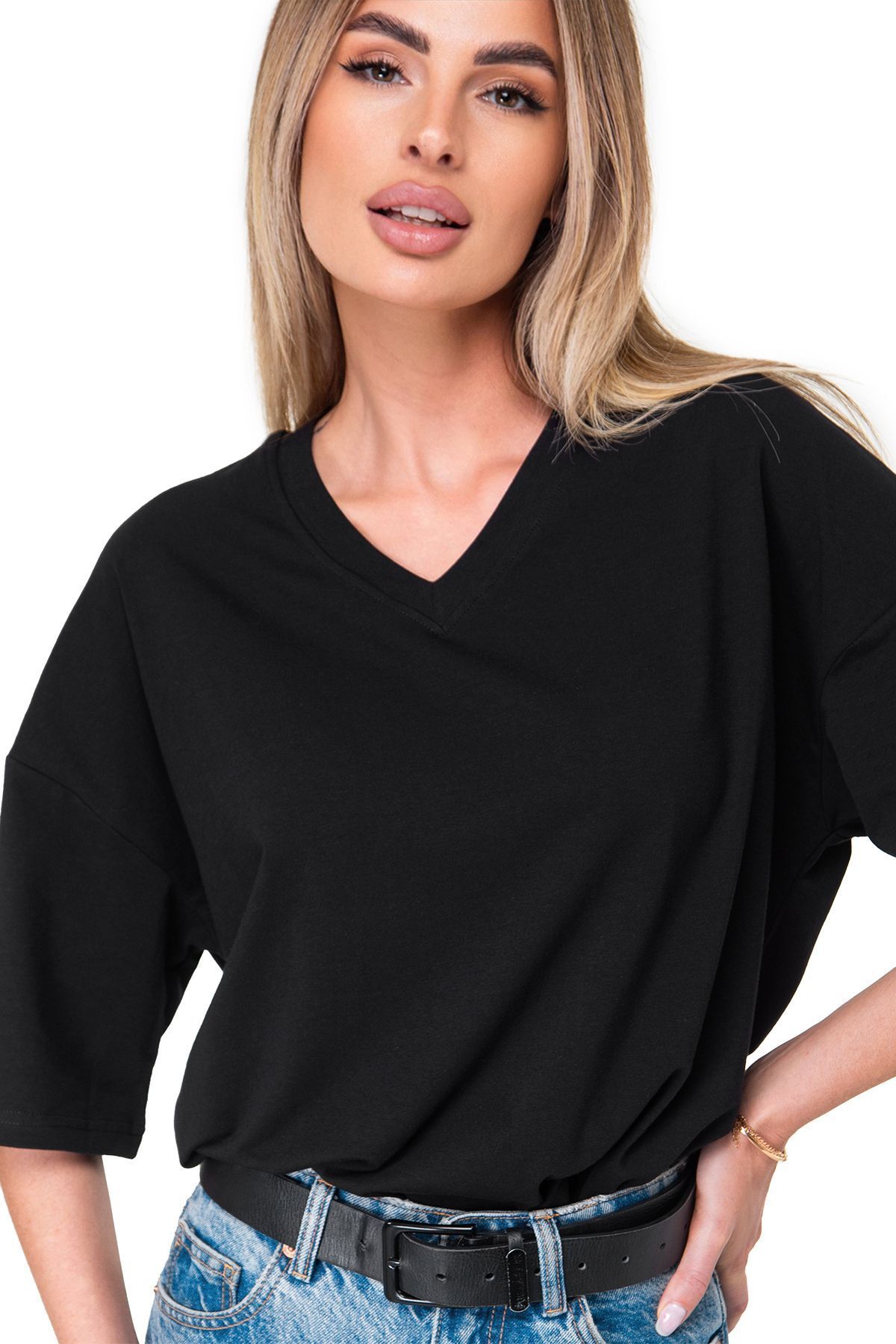 Happyfox Pamuklu Likralı Kadın V Yaka Baskısız Oversize Düz T-shirt Basic Siyah
