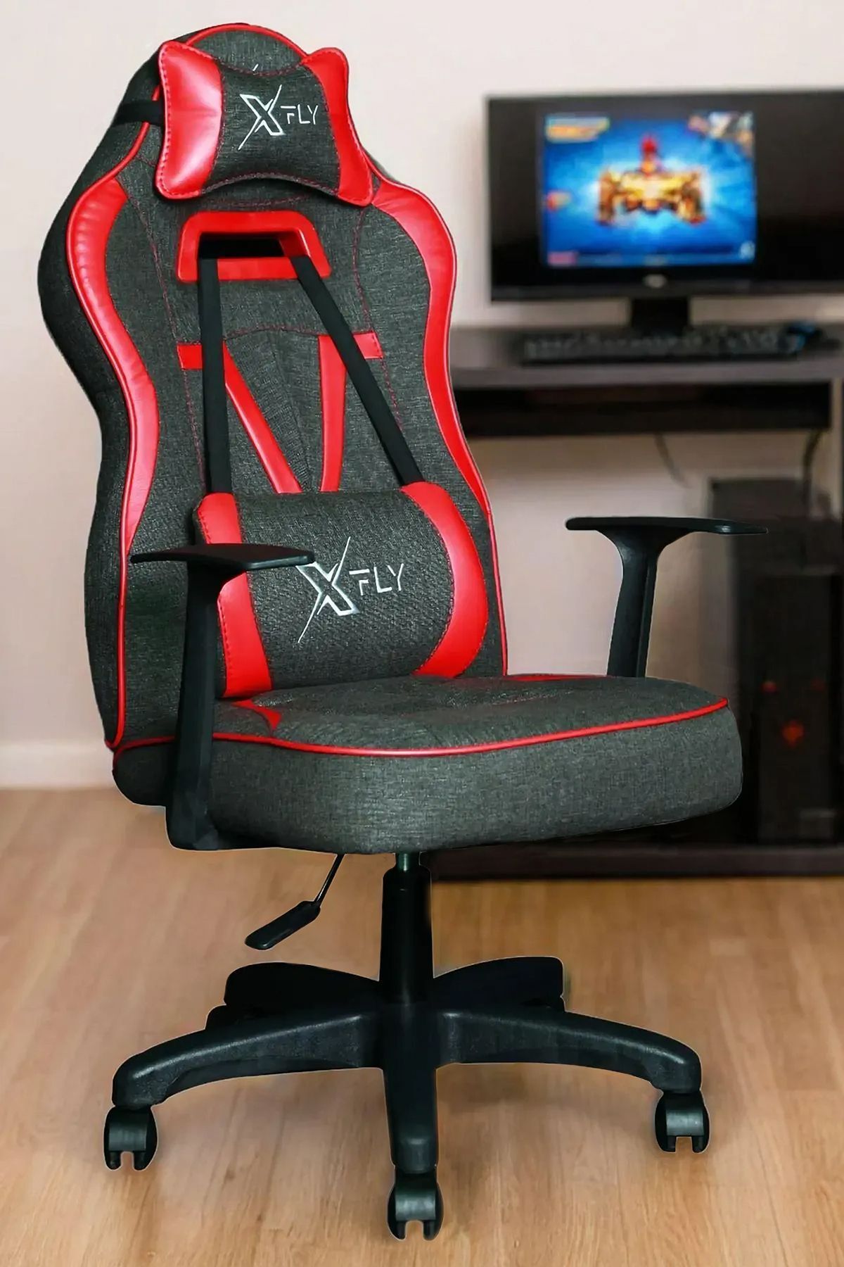 XFLY Oyuncu Koltukları XFLY Vendetta Oyuncu Koltuğu Kırmızı Deri Gri Keten Kumaş Sabit Mekanizmalı Sandalye - 1509B0511