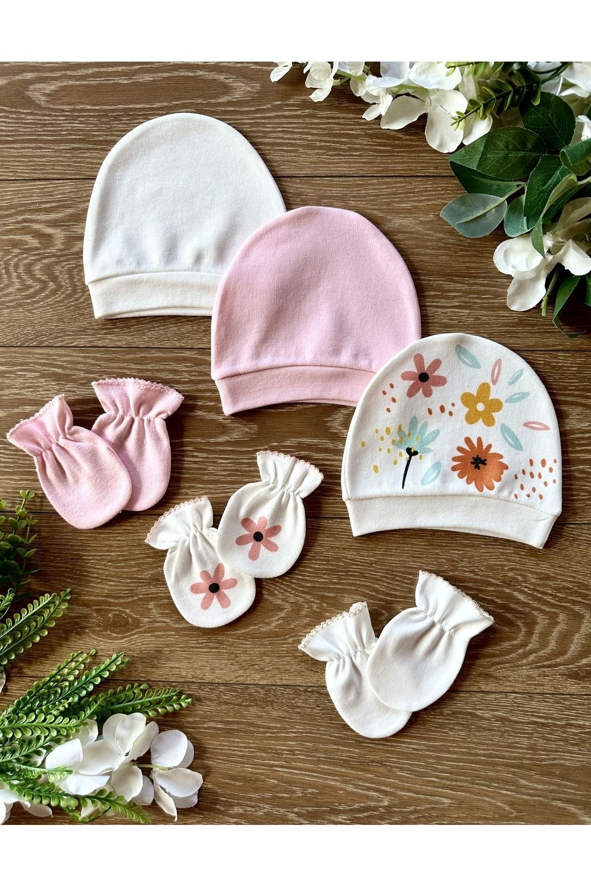 Renkli Puset Organik 6`lı Yenidoğan Bebek Eldiven Şapka Takımı Çiçek