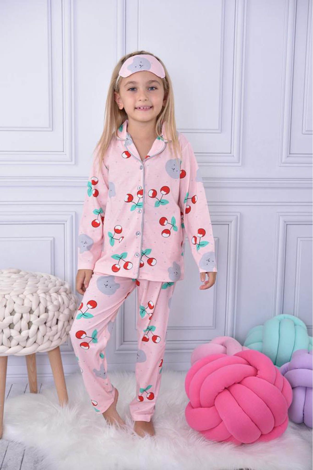 Cansın Mini Kiraz Desenli Düğmeli Kız Çocuk Göz Bantlı Pijama Takımı 17026