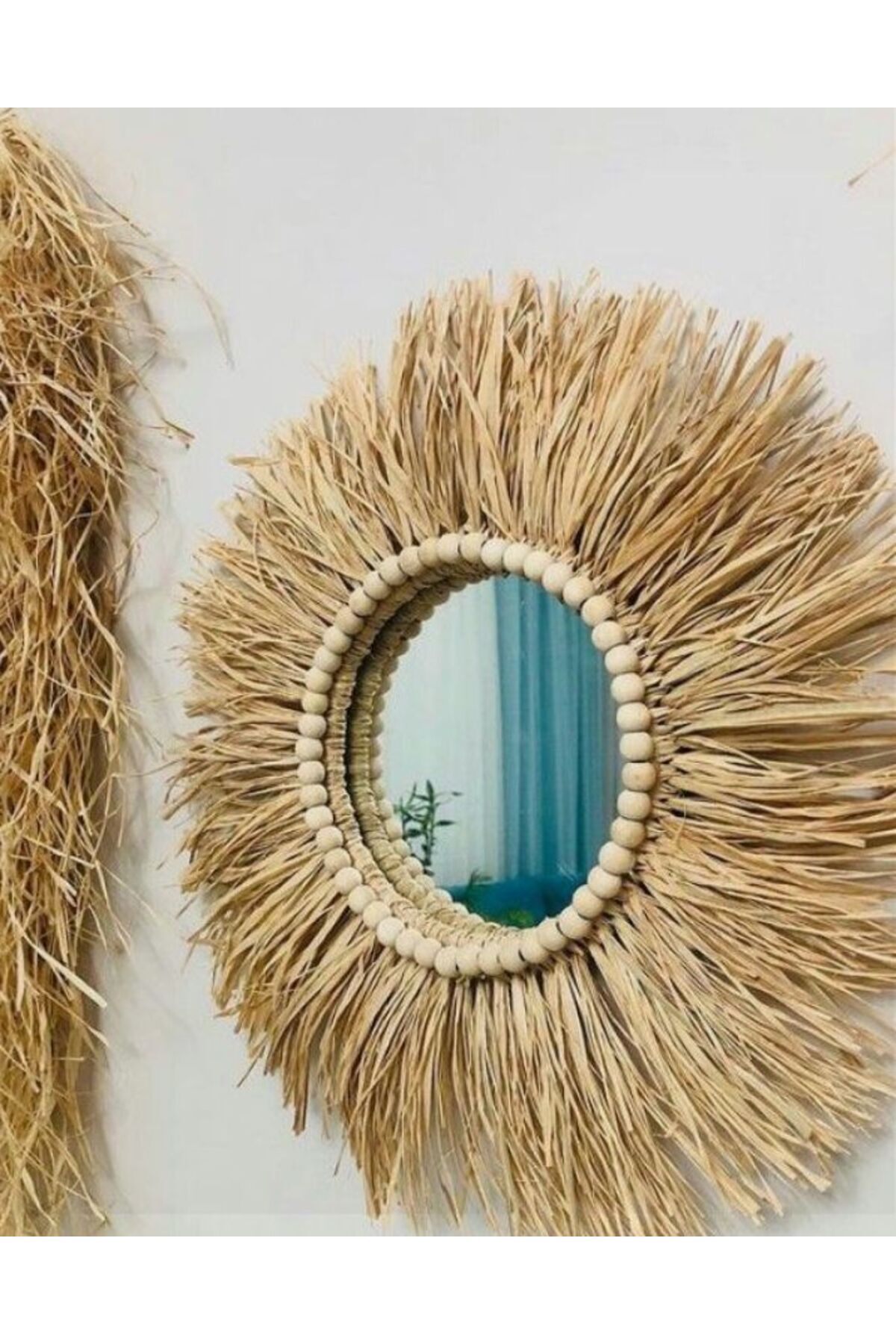 Homestar Dekoratif Ayna Yelpaze Rafya Ayna Boncuklu Duvar Süsü