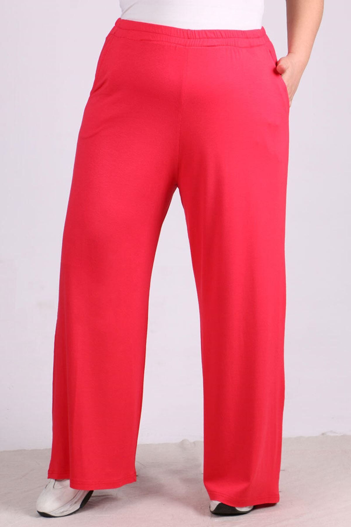 Eslina 39000 Büyük Beden Yüksek Beli Lastikli Penye Pantolon - Kırmızı