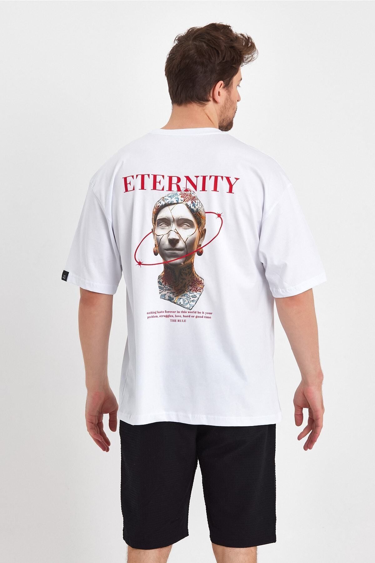 THE RULE Erkek Beyaz Oversize Fit Bol Kesim Bisiklet Yaka %100 Pamuk Eternity Sırt Baskılı T-shirt