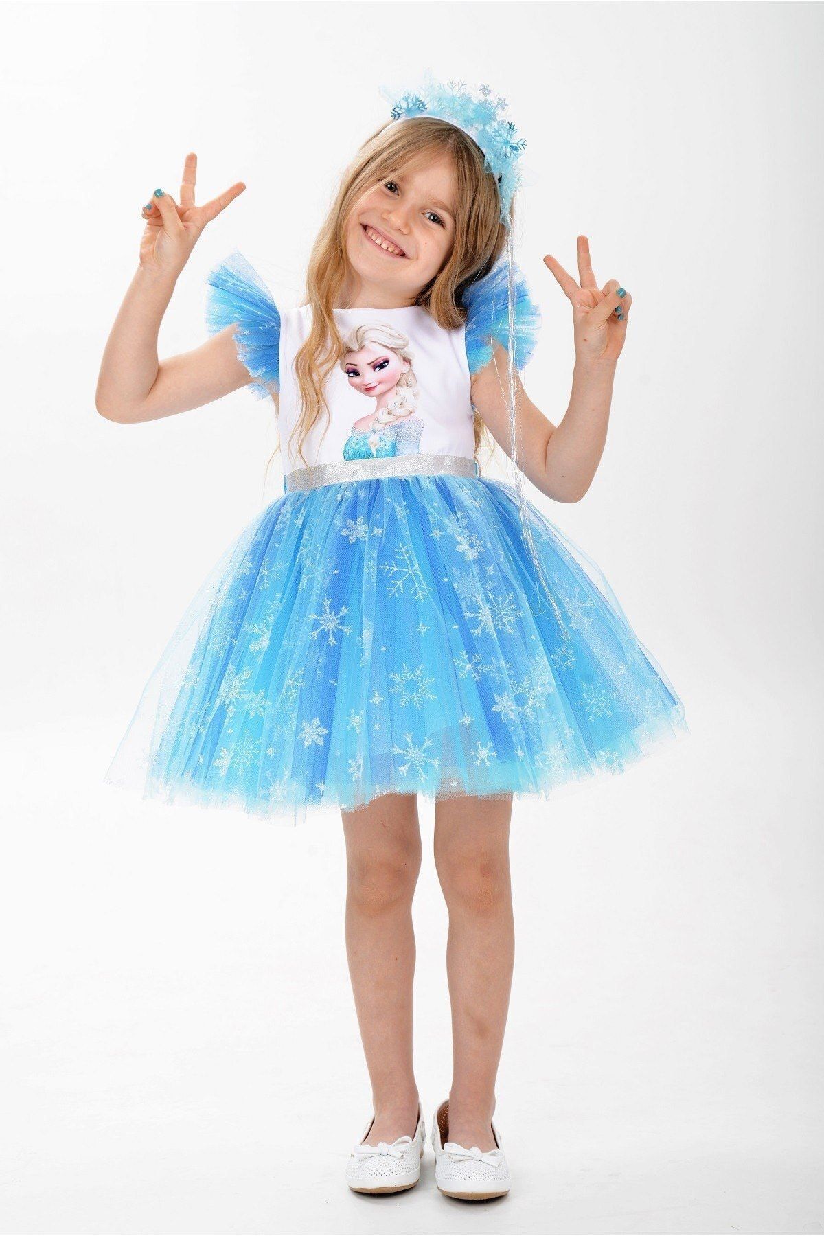 MiniBal Elsa Karlar Kraliçesi Kar Tanesi Taçlı Kız Çocuk Elbisesi