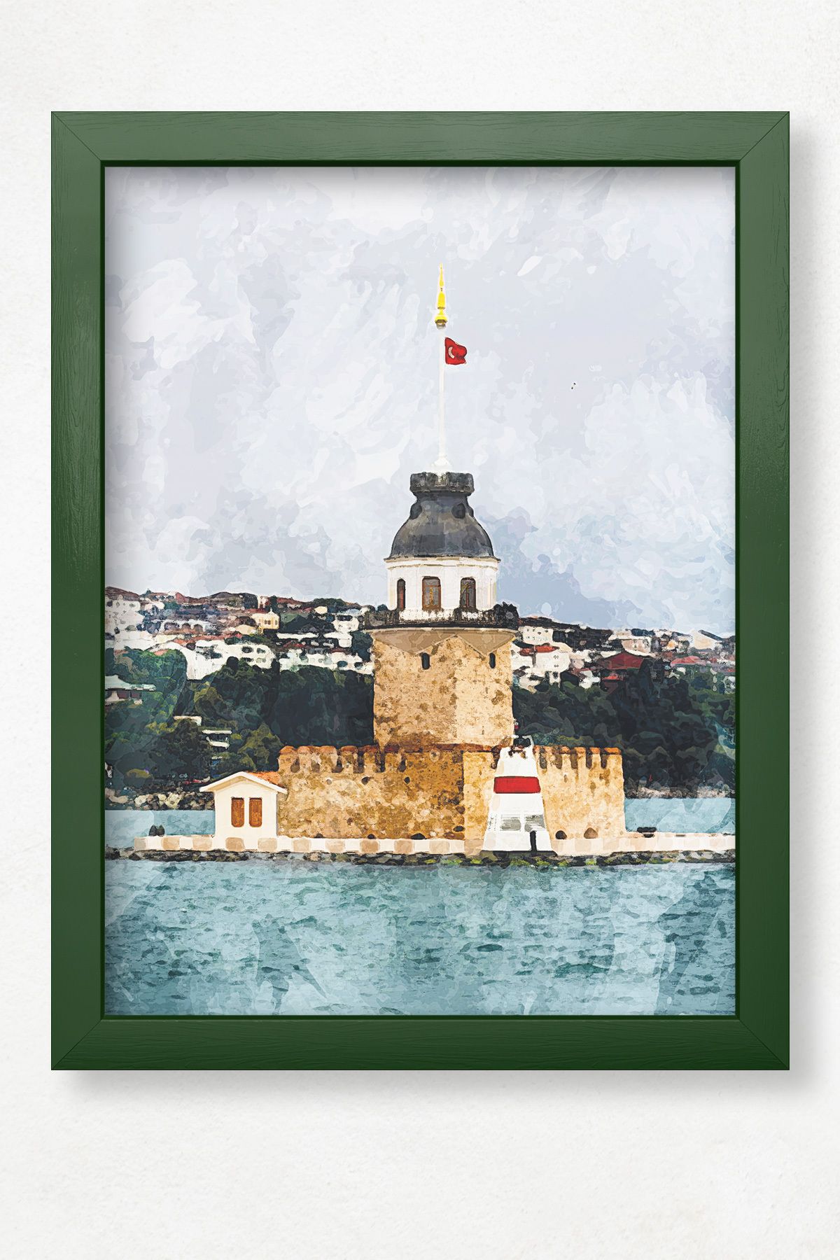 DuoArt Kız Kulesi-İstanbul/İkonik Yapılar/Efekt/Doğal Ahşap Çerçeveli Poster/Çerçeve Rengi:Koyu Yeşil